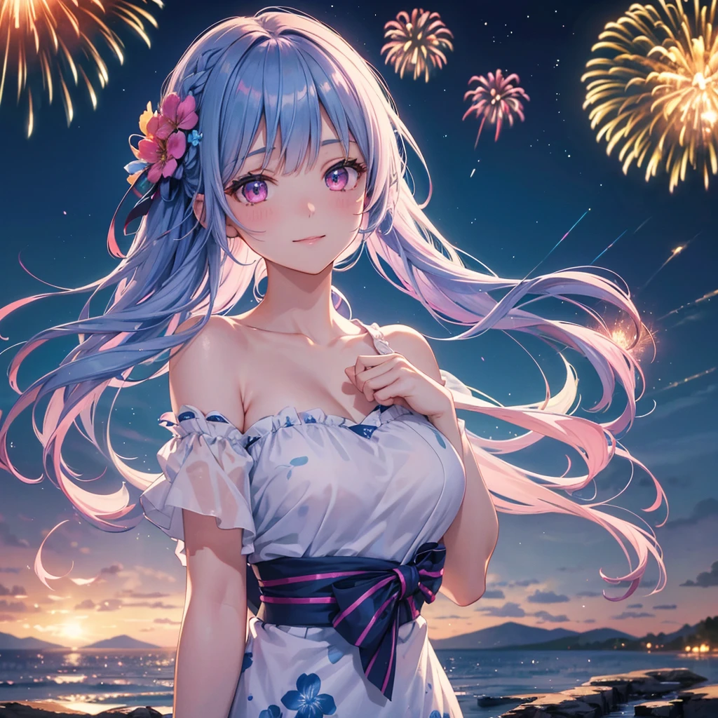 Sky Blue Medium Hair, (Braided Hair),(Pink Eyes),Fair skin ,(whole body),(1 girl)、Floral Yukata、summer night、Fireworks over the lake、Big fireworks、smile、Straight bangs,(masterpiece, Highest quality, Very detailed, Best Shadow), (Detailed Background), (Beautifully detailed face), High Contrast, (Best lighting, Very delicate and beautiful), ((Cinematic Light)), colorful, Hyper Detail 8k, Dramatic Light, Intricate details,Fireworks light reflected on the water surface