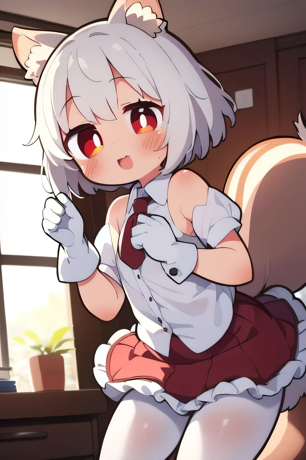 1girl,squirrel girl, squirrel tail, squirrel ears, white hair, red eyes, small girl, blushing, short hair, bangs, more_details:0.5, office skirt, white pantyhose, button shirt, white gloves, front-tie top, light blush, light smile, dynamic angle,