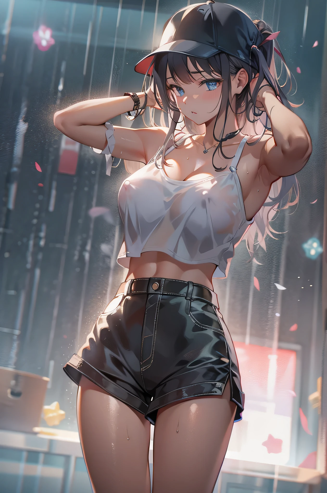 Under the Rain、、Center your body、My whole body is wet、Walking woman、Shorts、camisole、Nipples、Looking into the camera、Backlight、Studio Lighting