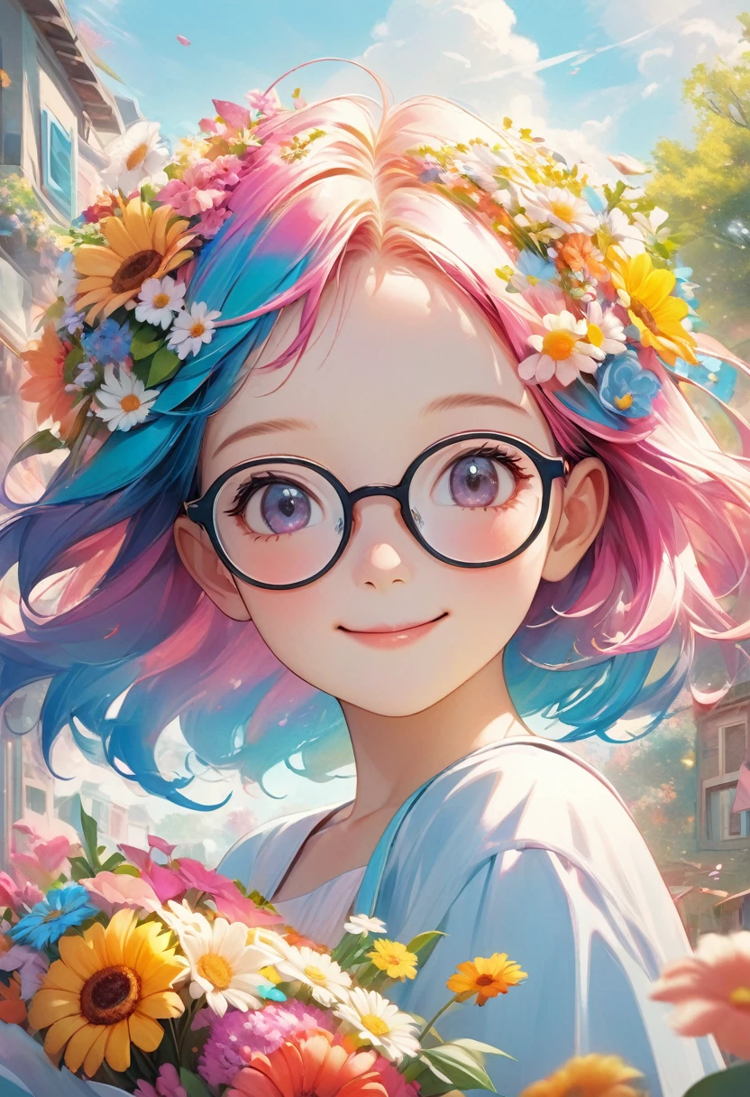 Anime smiling girl, With colorful hair and glasses、A picture of a woman holding a bouquet, Portrait of a flower storm, ArtJam colorful!!!, Pastel Vivid, Beeple and Jeremiah Kettner, Cute realistic portrait, Gweiz-style artwork, Floral Bread, spring day, ArtJam. Anime illustration, Summer Goddess