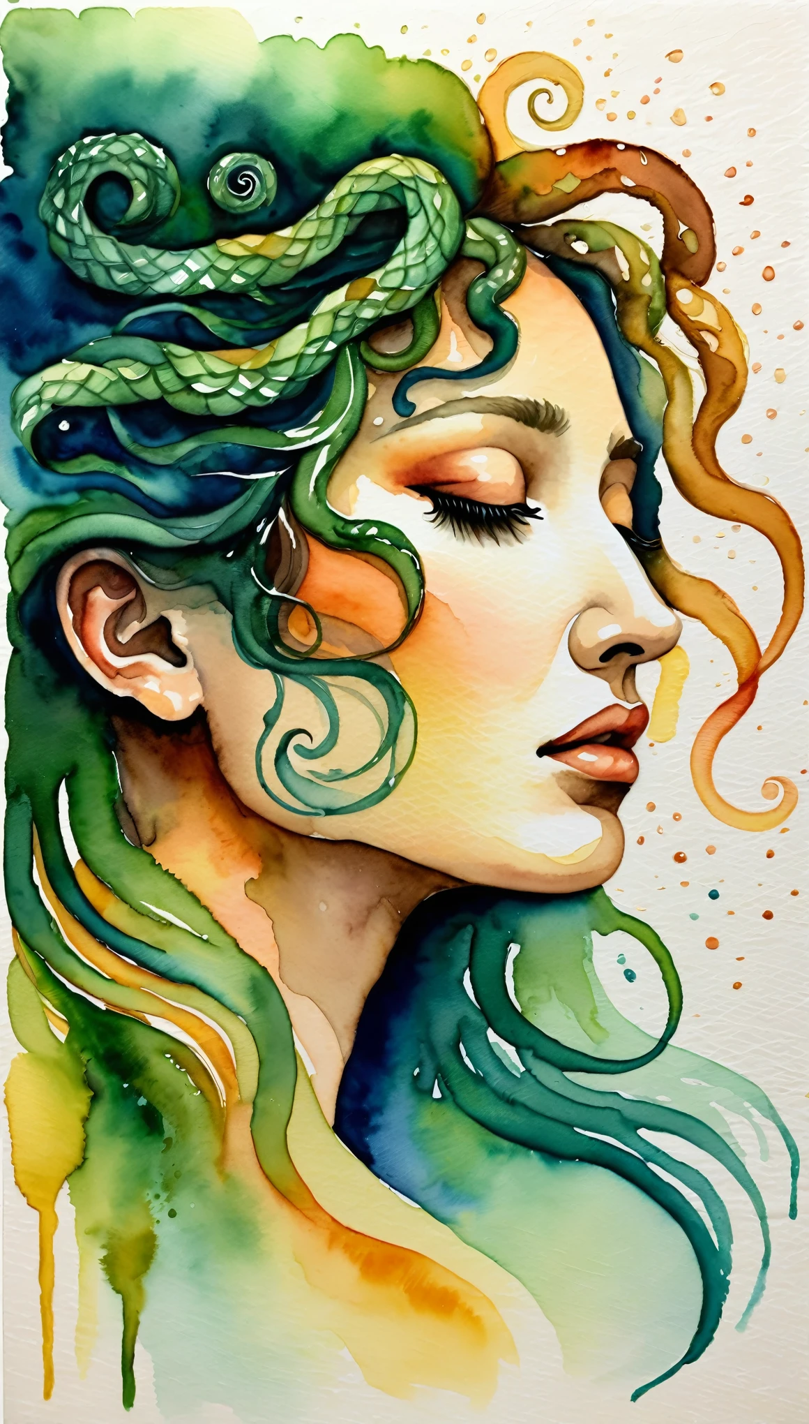 masterpiece,Crying Medusa profile,acrylic watercolor,(Beautiful gradation created by layering),(Expressing a crying face using the tarashikomi technique),A delicate touch