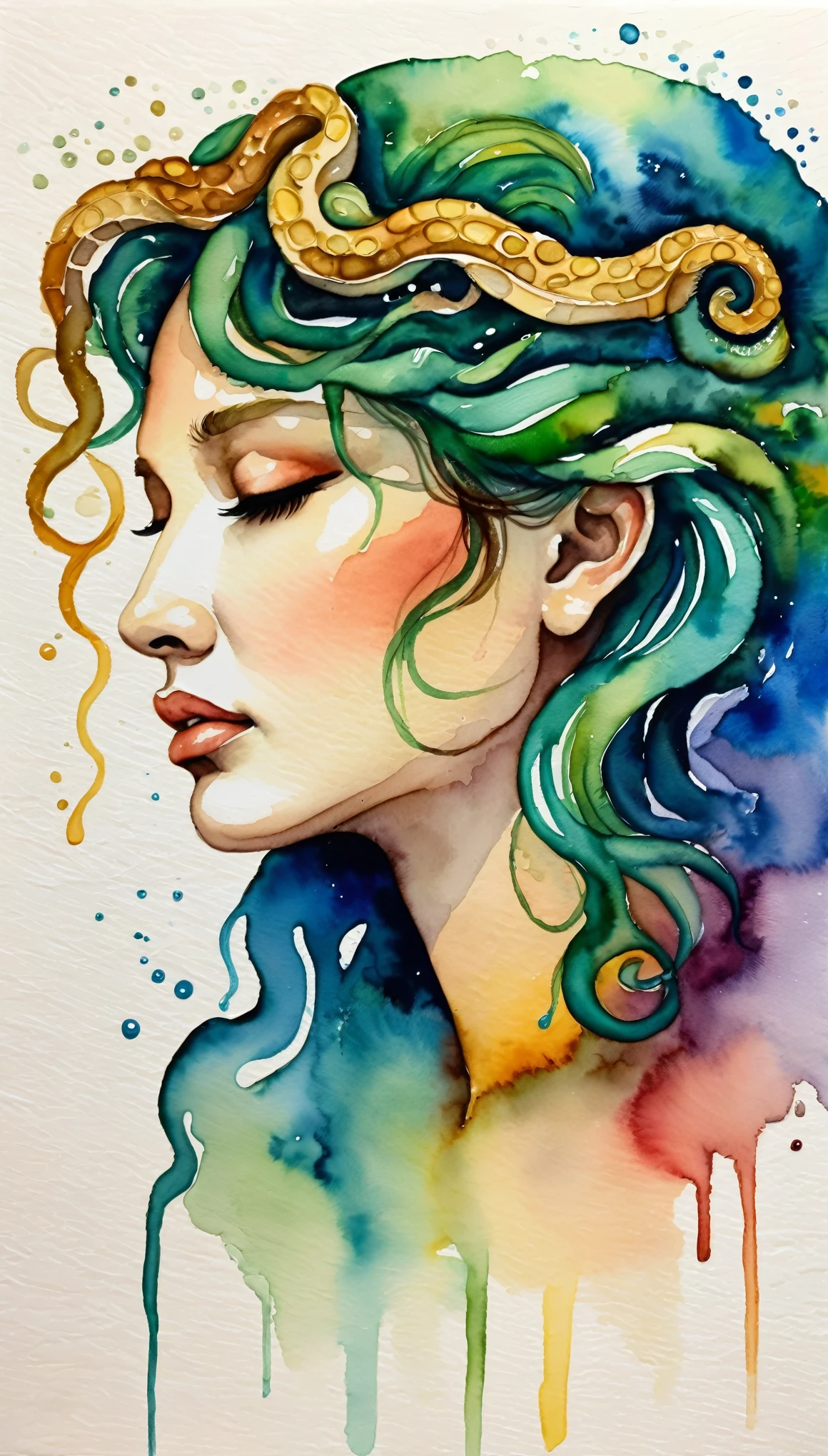masterpiece,Crying Medusa profile,acrylic watercolor,(Beautiful gradation created by layering),(Expressing a crying face using the tarashikomi technique),A delicate touch