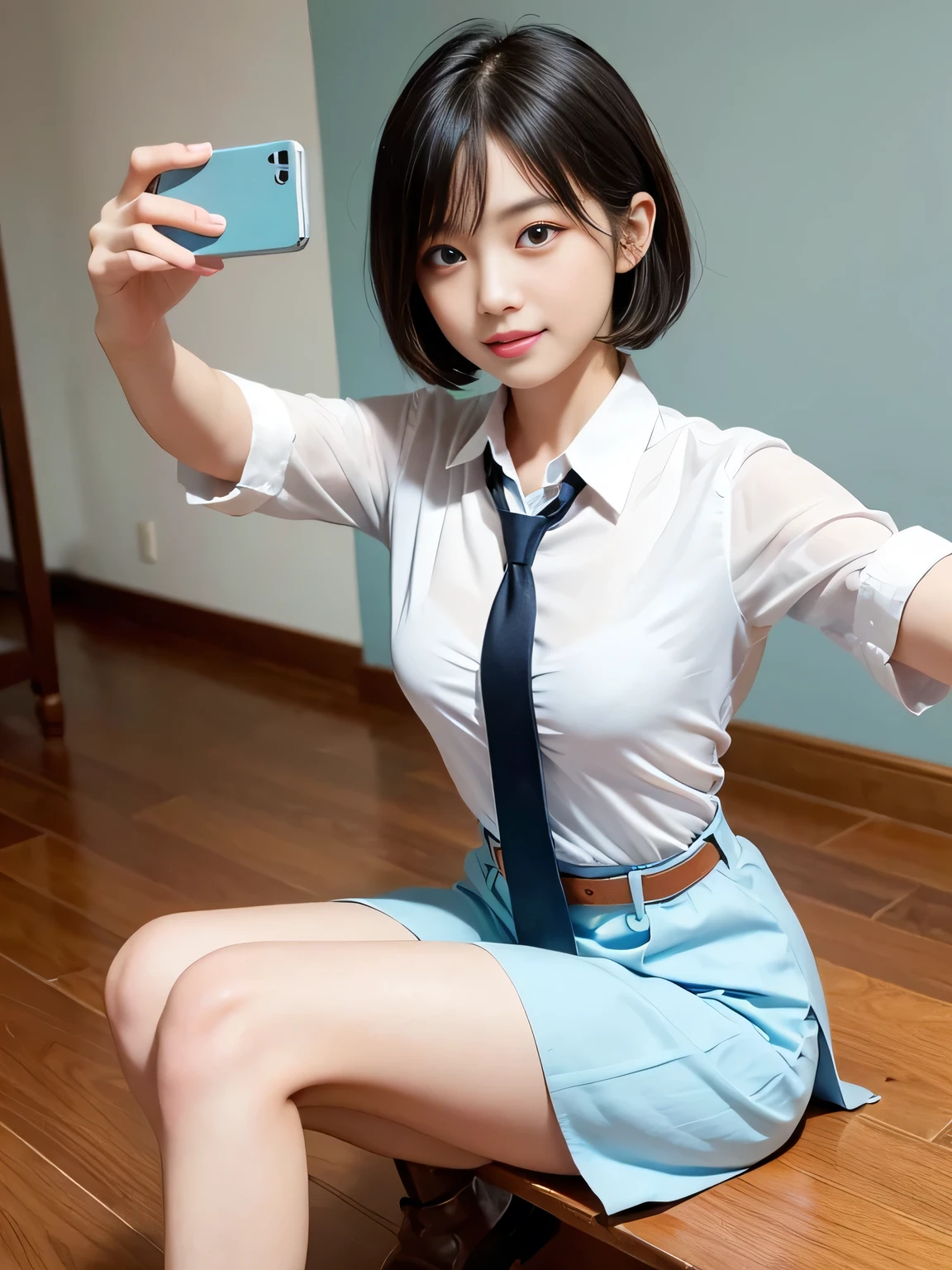 Highest quality、Figures、iPhone,Taking a selfie with a black smartphone、One people、Cute Girls、sexly、Slender、Navy blue tie、White shirt、Navy blue exy very detailed、Fine details、Slim Body、Slender、Japanese Girls２people、High resolution、8k、wallpaper、Perfect dynamic composition、Beautiful fine details、Short Bob Hair、Big natural color lip、大胆なsexlyポーズ、smile、Cold Stare、18 year old girl、Cute、Lolita、Good eyesight、whole body、Light blue wall、smile、
