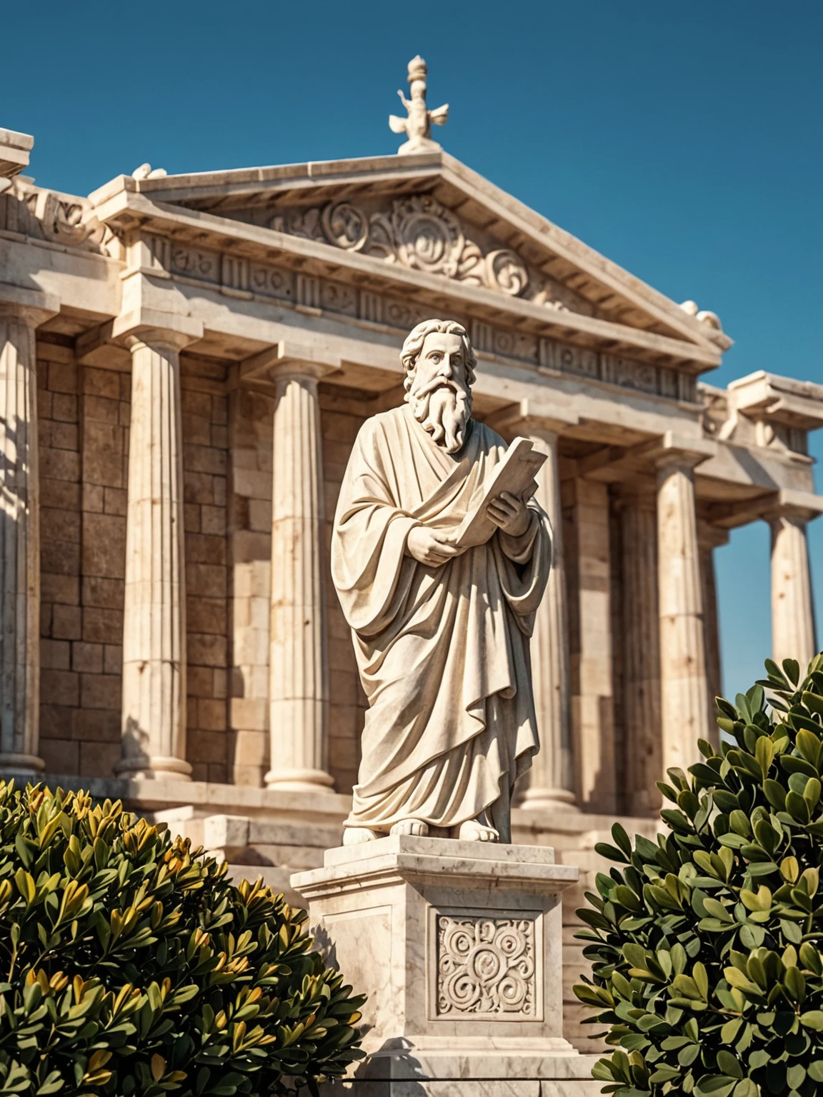 Create an image of a beautifully crafted stone statue of the ancient mathematician Pythagoras. The statue should depict him holding a scroll, perhaps denoting his many contributions to mathematics and philosophy. His attire is comprised of a traditional Greek toga and he is positioned in a thoughtful pose. The statue is placed on a pedestal, and around the surroundings there's vegetation and marble architecture, reminiscent of ancient Greece.