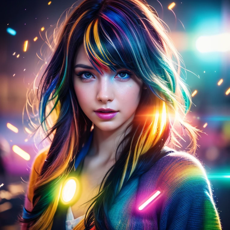 {{masterpiece}}, highest quality, Highly detailed CG Unity 8K wallpaper, cinematic lighting, Lens flare, beautiful detailed eyes, black, side line, multi-colored hair, colorful light, particle, heterochromia, (colorful:1.5), (colorful hair:1.5),
