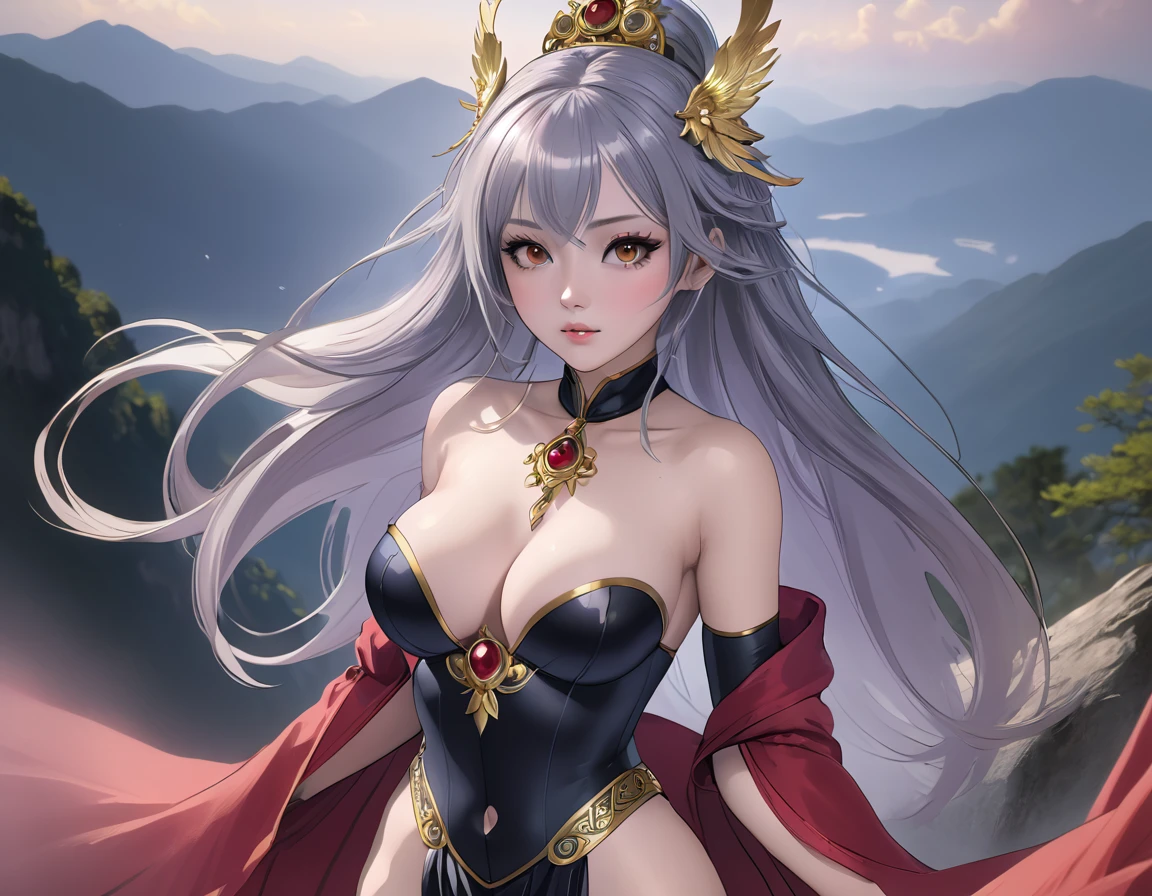 high quality,HD,16K,Sharp Line,1 Girl,fantasy, (Spirit of the Wind),Pretty Face, Large Breasts, Beautiful legs,In the mountains,Focus Girl,detailed Pretty Face,Detailed clothes,beautiful eyes,Cool,Sexy,Dynamic Angle,穿着华服的神明Strike a pose拍照, Ancient mysterious sexy goddess, Traditional beauty woman, Beautiful female warrior god of war , Beautiful sexy goddess, Gorgeous role-playing, high, Beautiful young girl, Beautiful woman, 华丽Beautiful woman, Complex clothing,Chinese Mystical Aesthetics, Beautiful Asian ancient mysterious girl, Extremely detailed shot of the goddess, Jaw-dropping sexy beauty, Big breasts deep neckline sexy belly button(butt), (bedroom), (Sexy Girls), masterpiece, best quality, Bangs, blush, Chest, clavicle, Eyebrows visible through hair, (Gradient red and gold hair), Jewelry, Long hair,Bright Eyes, ring, (solitary), illustration, fashionable, miss, Strike a pose, background, element, confident, Express, Accessories, majestic, striking, key point, Dynamic poses, ((plump)), (black))Woman in transparent dress,Viewer,(((Full breasts, Keeley University))),Slim waist,(Navel exposed,Bare waist), Long hair, extreme detailed details, 详细的fantasy艺术, Stunning character art, Beautiful and exquisite character art, Beautiful transparent dress, Very detailed, Large Breasts,Chest,Golden ratio figure,Beautiful figure,Ultra wide-angle shooting,Full body shot拍摄,Body close-up,Full body shot,Wearing a pleated tulle skirt,柔和动漫illustration, 柔和的深色background,Fujifilm XT3 Clear focus, f 5.6, High Detail, Clear focus,(Wearing openwork clothing),, (Natural light), (Tempting)translucent, Good velvet quality, Compared, Divine Light,, Silver hair, 天空background, Absolute Strength,Female Shinmei,穿着性感丝绸的Female Shinmei,,Large Breasts,Chest,Golden ratio figure,Beautiful figure,Ultra wide-angle shooting,Full body shot,Body close-up,Full body shot, Wearing a tulle dress, Model shooting style, Large Breasts,饱满Chest,Golden ratio figure,Beautiful figure,(Extremely detailed CG 8k wallpaper unit), The most beautiful artistic photos in the world, , 8K 超HD, ) on the beach,Sexy lazy posture,Sexy seductive expression,best quality,masterpiece,Ultra-high resolution,(Practical:1.4),original photo,Ultra-high resolution