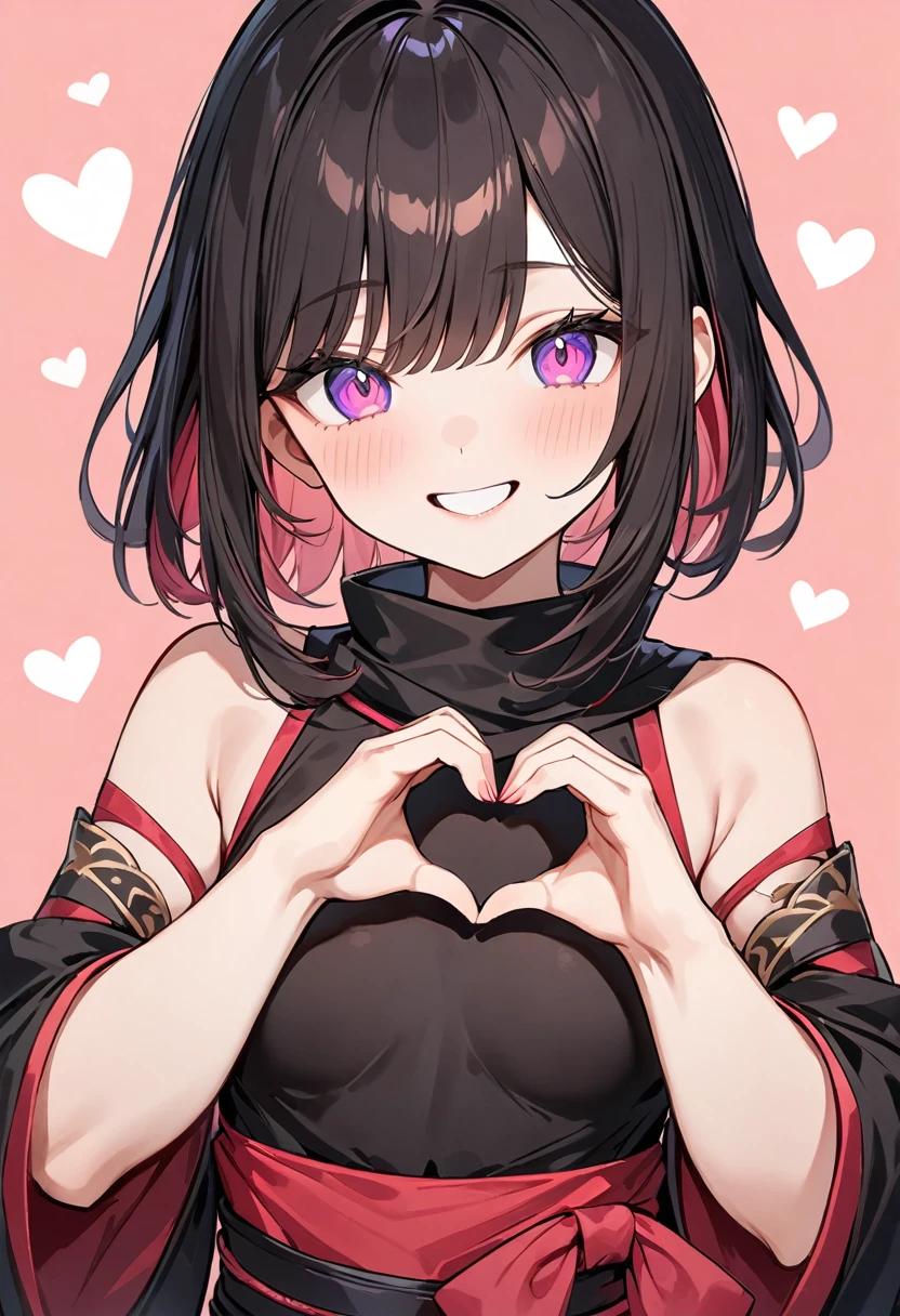 (masterpiece, top quality, very aesthetic, 4k、illustration), intricate detail, 1woman,contrapposto 、heart hands,(upper body)、heart hands,(),Cute 、lovey smile、Random Hair Color、,middle hair,sidelock ,Random Color eyes、ninja clothes、small breasts、Slim 、