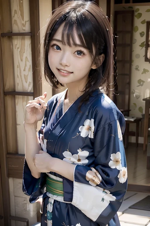 girl in blue floral yukata robe, wave at the camera, wave hands(8k, top quality, high definition, the best masterpiece, childish face, , small breasts, balance carefully, I'm watching my audience, big eyes, bilateral symmetrical eyes, laugh showing teeth, yukata, Japan kimono, blue floral kimono, blue floral yukata with one hand lightly raised and waving, realistic skin, hydrated skin, perfect model body type, photorealistic, raw photo, super cute, Upper body image, front pose)