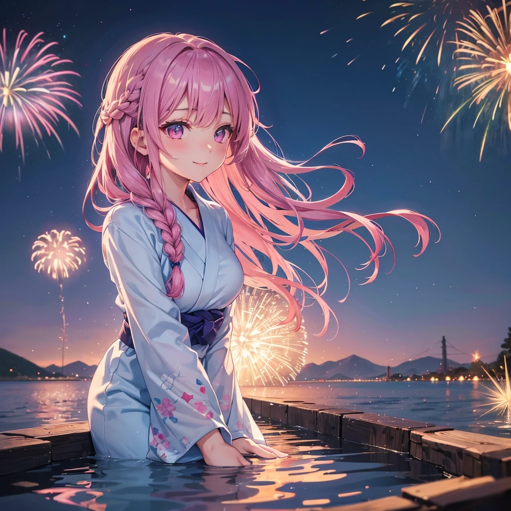 Sky Blue Medium Hair, (Braided Hair),(Pink Eyes),Fair skin ,(whole body),(1 girl)、Floral Yukata、summer night、Fireworks over the lake、Big fireworks、smile、Straight bangs,(masterpiece, Highest quality, Very detailed, Best Shadow), (Detailed Background), (Beautifully detailed face), High Contrast, (Best lighting, Very delicate and beautiful), ((Cinematic Light)), colorful, Hyper Detail 8k, Dramatic Light, Intricate details,Fireworks light reflected on the water surface