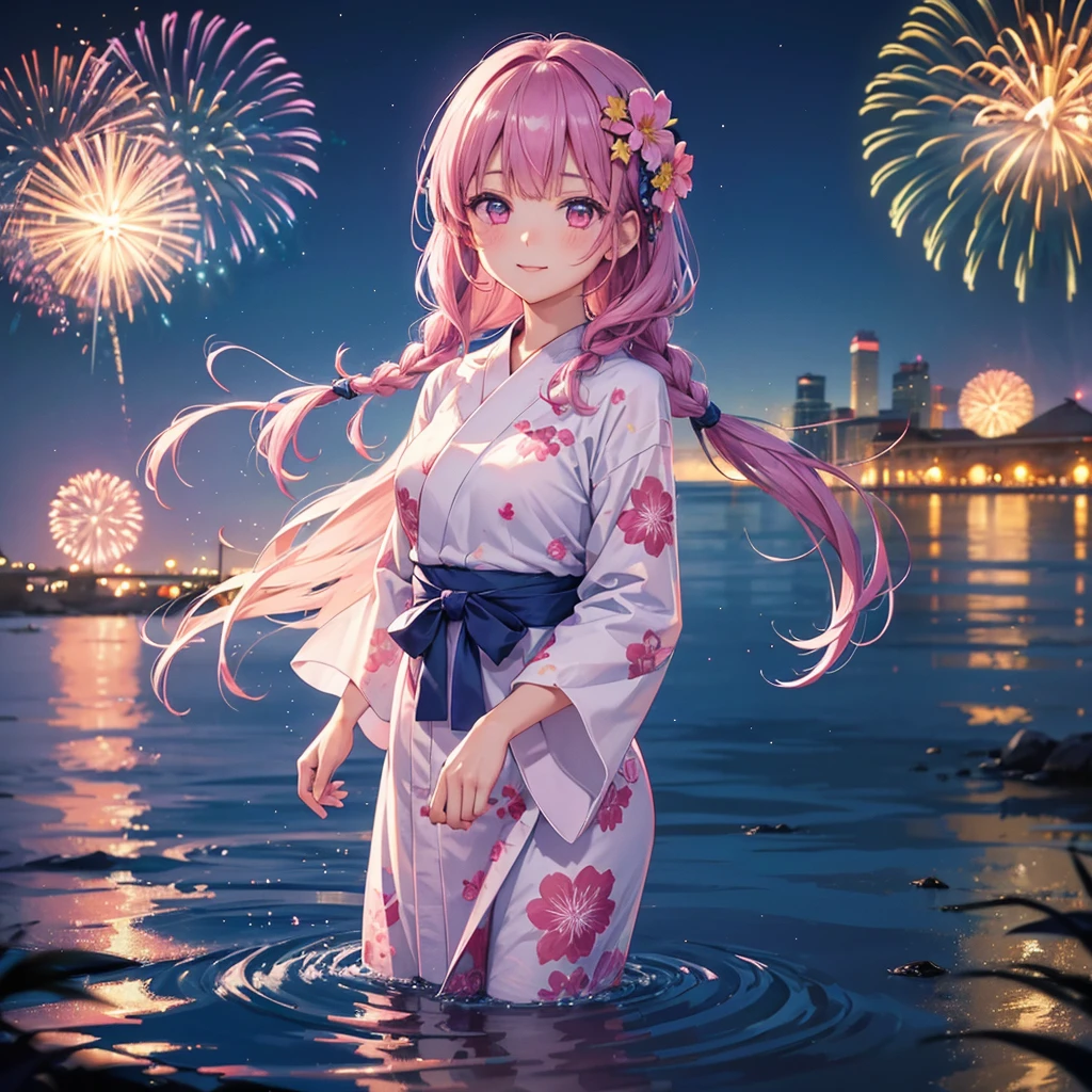 Sky Blue Medium Hair, (Braided Hair),(Pink Eyes),Fair skin ,(whole body),(1 girl)、Floral Yukata、summer night、Fireworks over the lake、Big fireworks、smile、Straight bangs,(masterpiece, Highest quality, Very detailed, Best Shadow), (Detailed Background), (Beautifully detailed face), High Contrast, (Best lighting, Very delicate and beautiful), ((Cinematic Light)), colorful, Hyper Detail 8k, Dramatic Light, Intricate details,Fireworks light reflected on the water surface