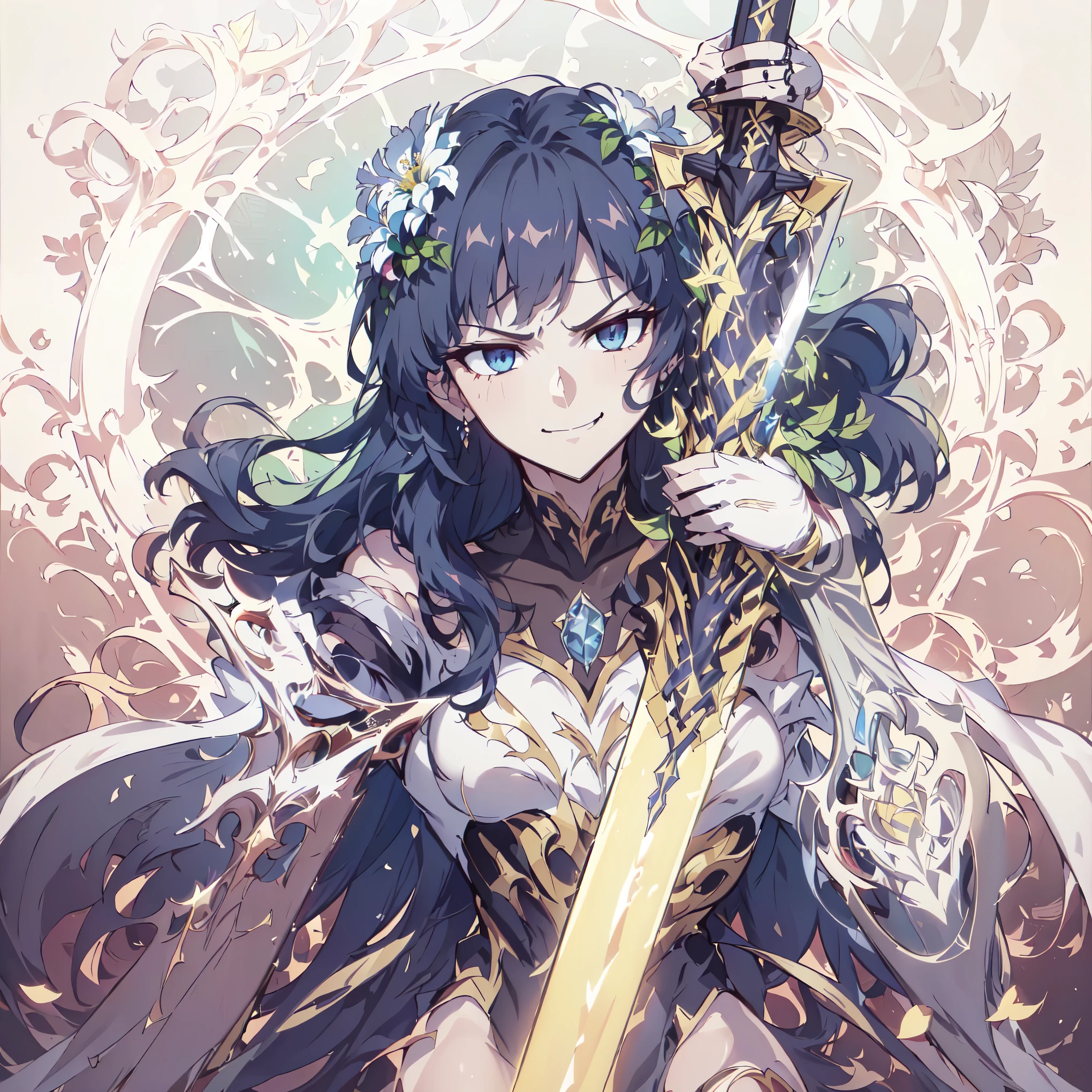 masterpiece, best quality, (extremely detailed CG unity 8k wallpaper), (best quality), (best illustration), (best shadow), absurdres, realistic lighting, (Abyss), beautiful detailed glow, beautiful, (1girl, solo, close up shot:1.22), (dark blue eyes, shining eyes, symbol eyes, art nouveau:1.25), Maximalism artstyle,neon theme,suprematism,beautiful detailed flower, beautiful detailed eyes,hyper detailed,flower,hyper quality, royalty, seductive eyes, angel, corrupted, black hair, ((extremely long hair:1.3), mystique, mystical, smirk, kubrick stare, staring, evil glare:1.2), villain pose, glaring, looking at the viewer,\ ( three quarter profile \ ), dynamic pose, dark hair, dress, (veil, veiled:1.1), (contrapposto, (CGDivineSwordsw, weapon, dual wielding swords, sword flower, sword aura:1.22), peplos:1.2), ice aura, flame aura,