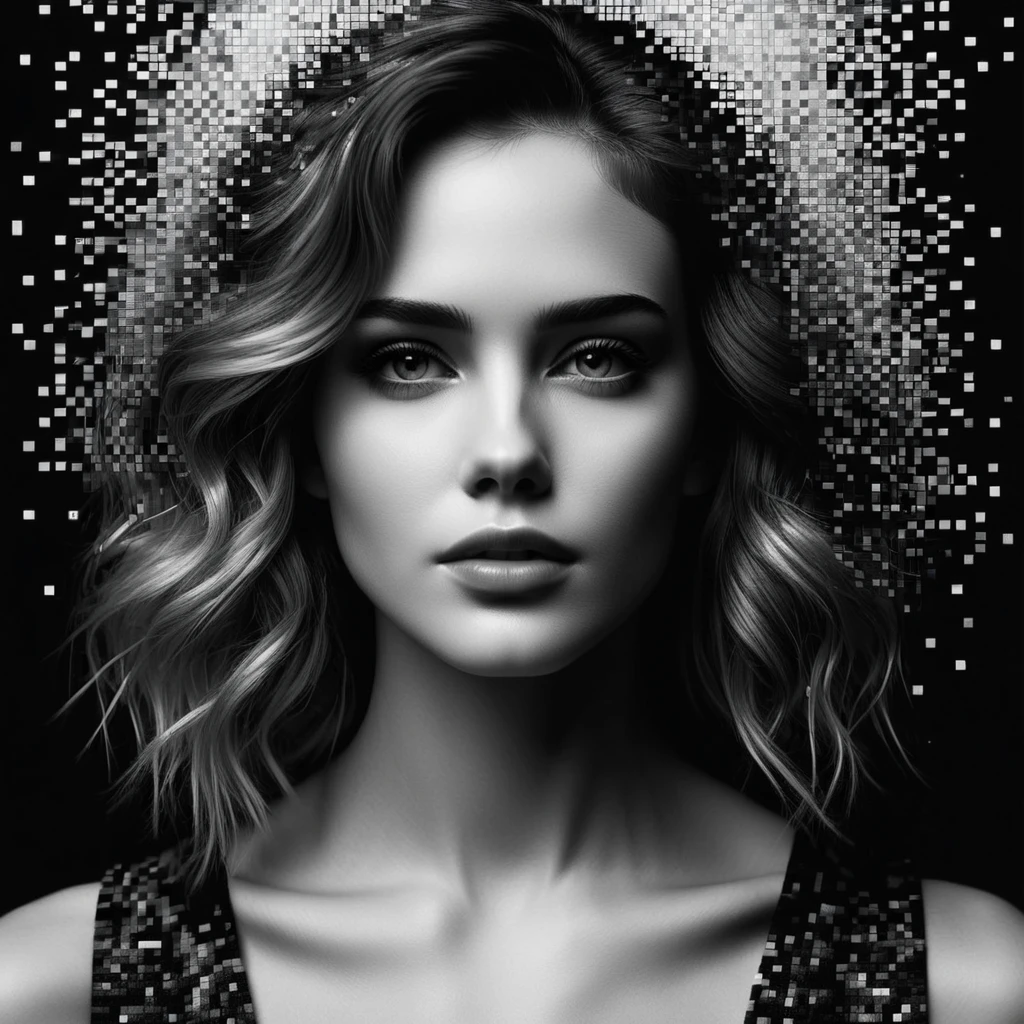 Art of a woman whose face is made from pixelated images, Dark black and white style, Carl Kopinski, Detailed Images, Pegi Nicole MacLeod, The psychological depth of the characters, modular, Roger Deakins
