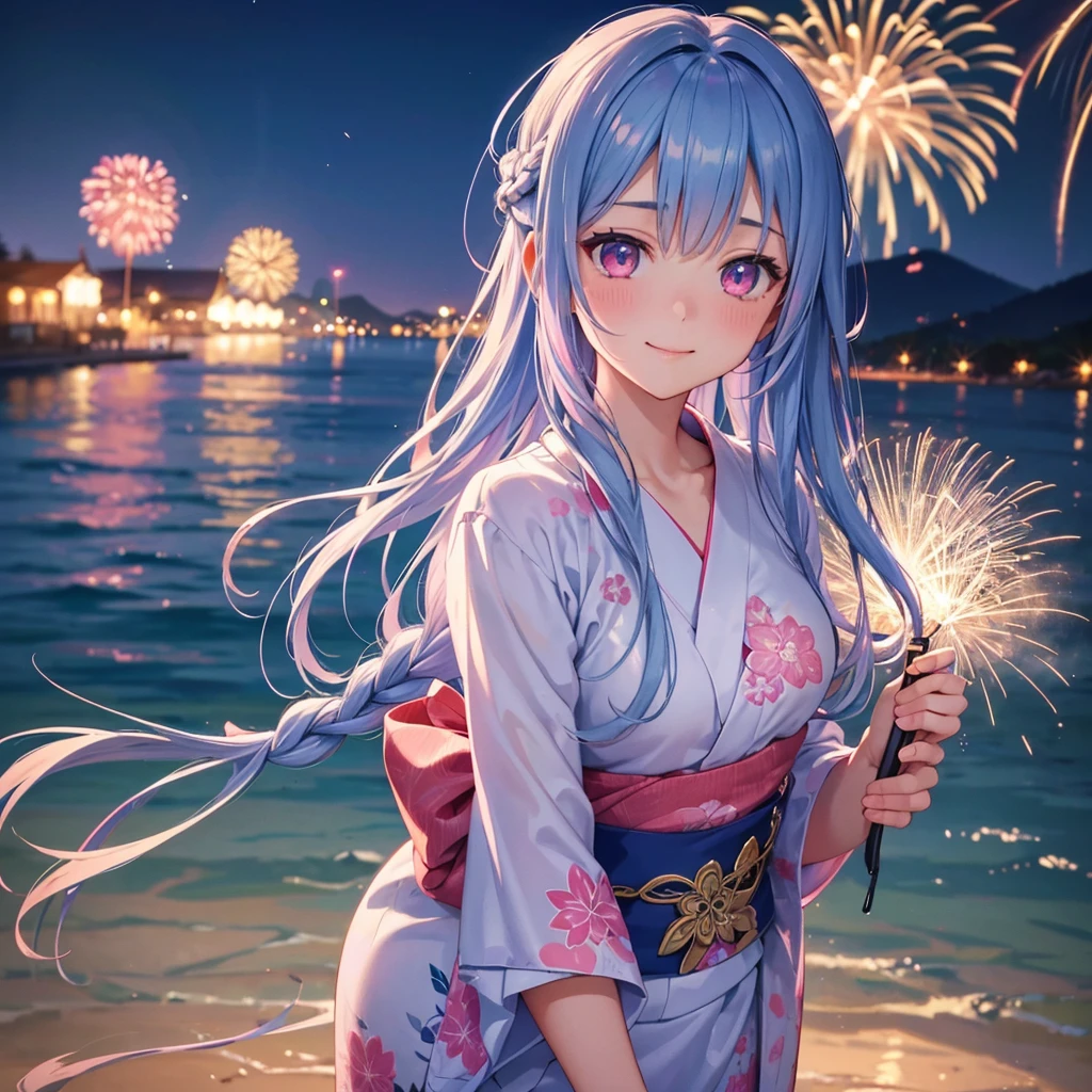 Sky Blue Medium Hair, (Braided Hair),(Pink Eyes),Fair skin ,(whole body),(1 girl)、Floral Yukata、summer night、Fireworks over the lake、Big fireworks、smile、Straight bangs,(masterpiece, Highest quality, Very detailed, Best Shadow), (Detailed Background), (Beautifully detailed face), High Contrast, (Best lighting, Very delicate and beautiful), ((Cinematic Light)), colorful, Hyper Detail 8k, Dramatic Light, Intricate details,Fireworks light reflected on the water surface