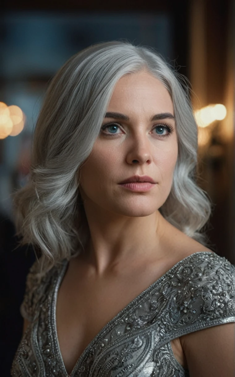 a beautiful silver-haired woman in a dress, 1girl, detailed facial features, beautiful eyes, detailed lips, long eyelashes, ornate dress, photorealistic, realism, realistic, human, cinematic lighting, dramatic lighting, high quality, 8k, detailed background, intricate details, masterpiece, award winning