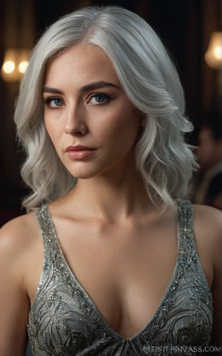 a beautiful silver-haired woman in a dress, 1girl, detailed facial features, beautiful eyes, detailed lips, long eyelashes, ornate dress, photorealistic, realism, realistic, human, cinematic lighting, dramatic lighting, high quality, 8k, detailed background, intricate details, masterpiece, award winning