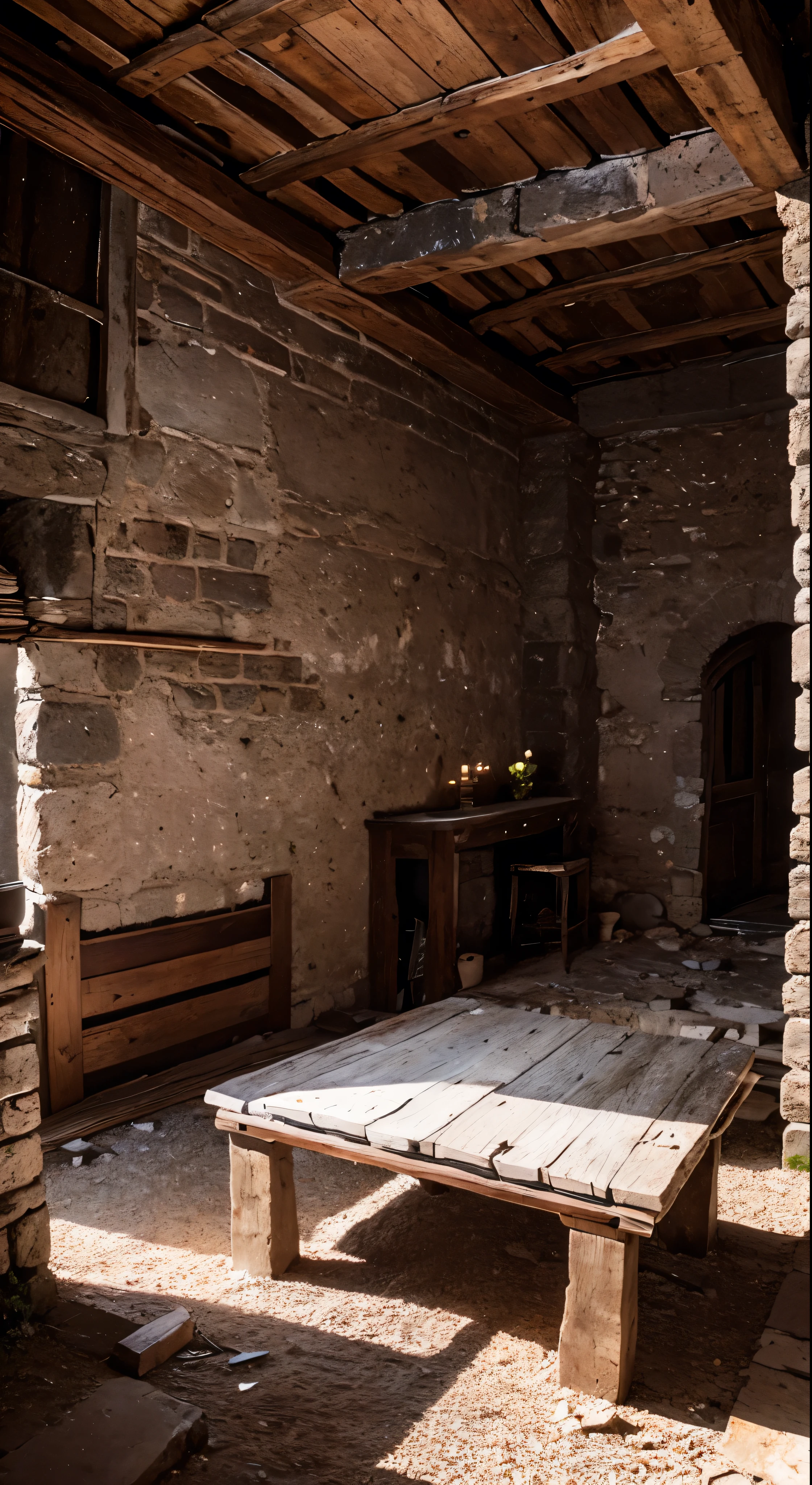 modelshoot style, (extremely detailed CG 8k wallpaper), in the center of the room a wide and long wooden table with food scraps, An old and wide room, with stone walls and little high, without ceiling, at the back of the room there are Roman stone arches in ruins open to a garden  