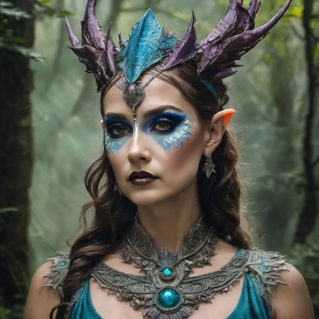 A woman with epic fantasy makeup inspired by Peter Jackson, featuring detailed, mythical elements and rich, dramatic colors