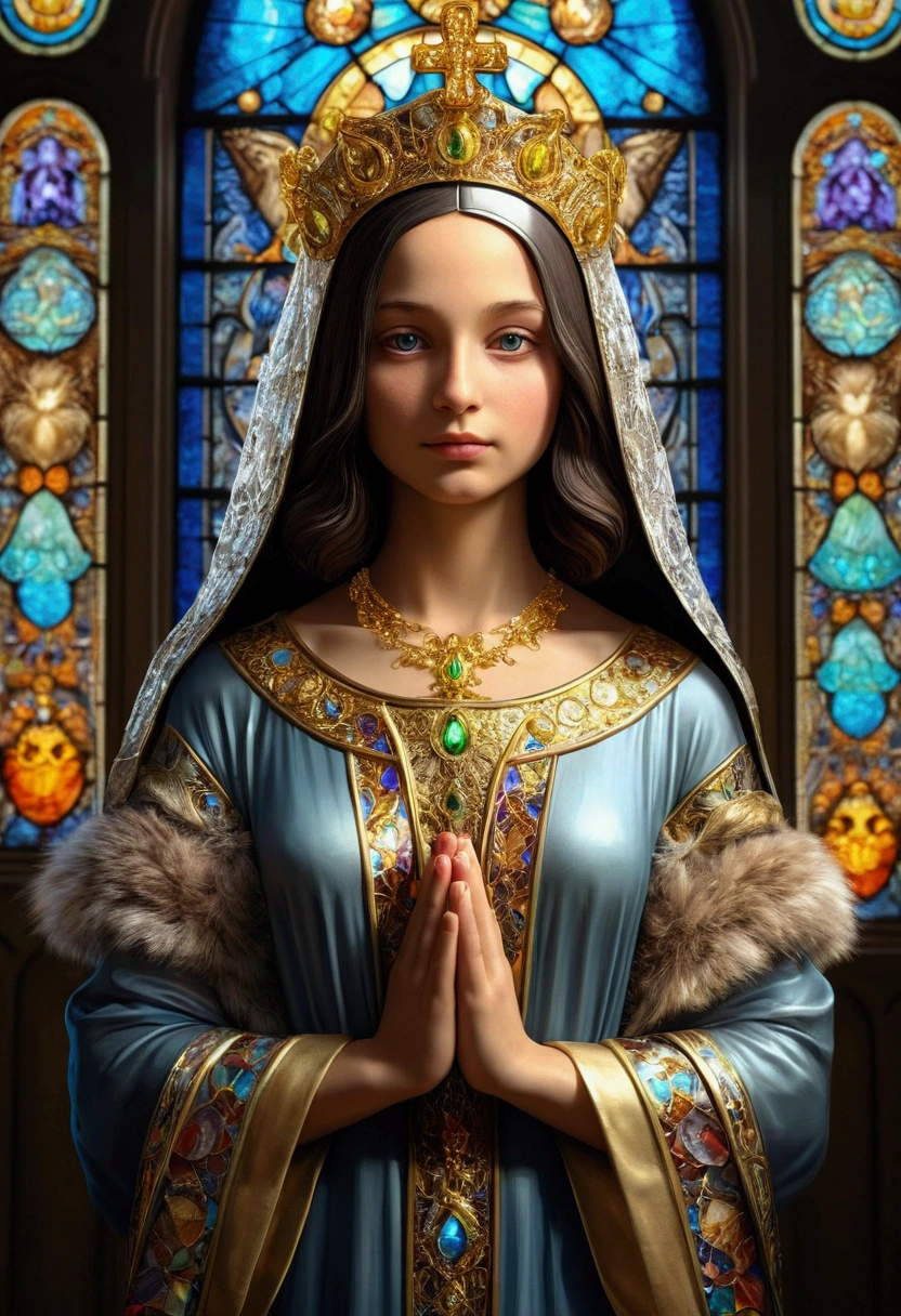 Mona Lisa, pale colors(fantasy sister, robe with gold decoration, Offering Prayers, Church)super lovely illustration(colorful stained glass, volumetric lighting backlight good lighting, colorful refraction)depth of field(very detailed beautiful face and eyes)Ideal Anatomy(Angelic cute boy)(Furry Beastman)(body covered with fur, Facial features of the animal, Body features of the animal.)(animal face highly detailed fur)chibi full body