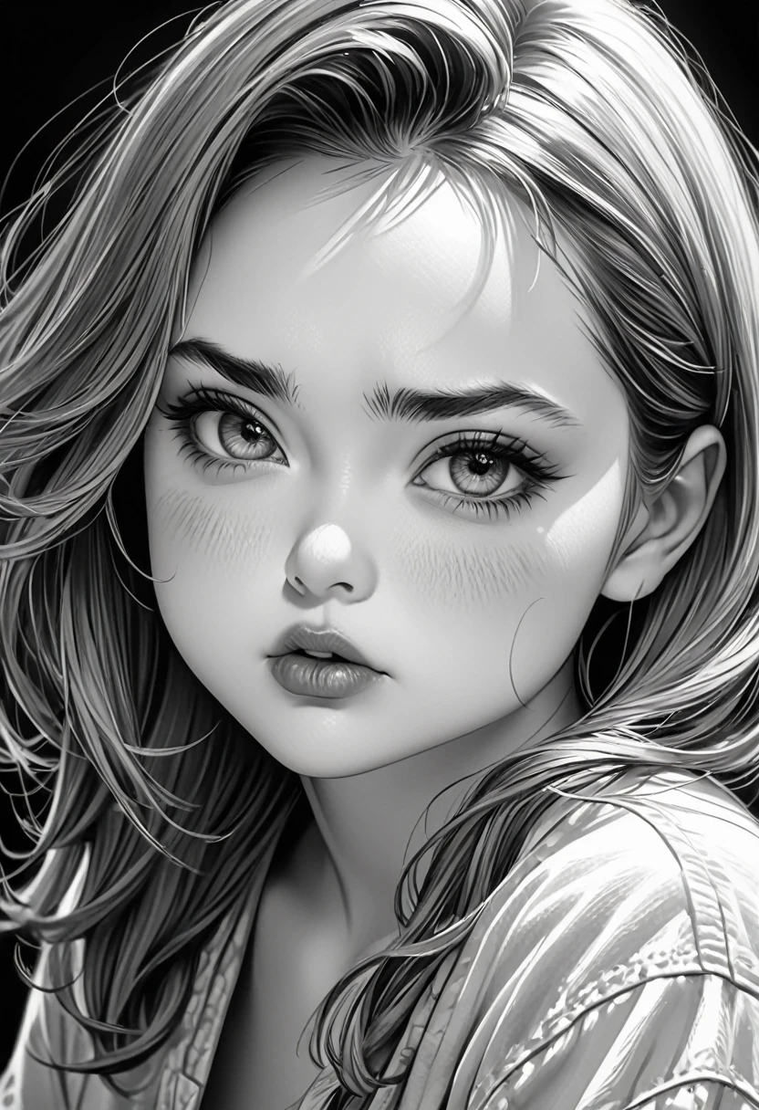 monochrome, pencil sketch art, diagonal top view, cute woman with pouting face, puffy cheeks, so cute, loose clothing,  (ultra detailed, absolutely resolution, best quality:1.3), 2.5D, delicate and dynamic, shading effects, hyper realistic