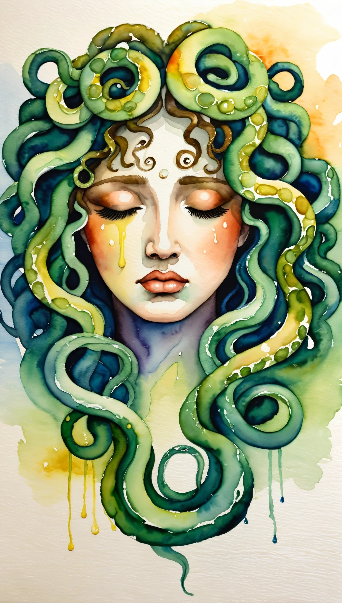 masterpiece,Acrylic watercolor painting of a sad medusa,(Beautiful gradation created by layering),(Expressing a crying face using the tarashikomi technique),A delicate touch