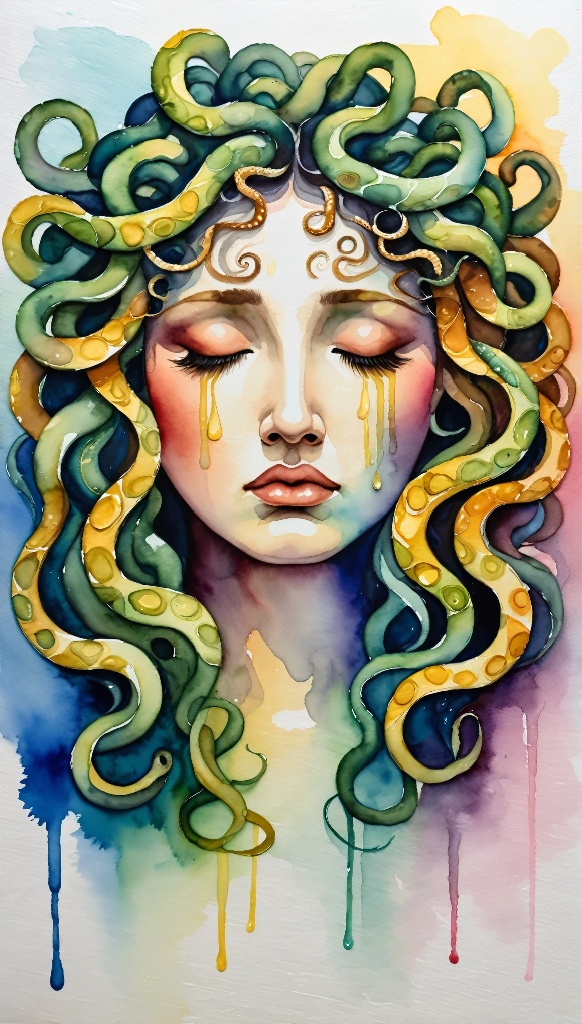 masterpiece,Acrylic watercolor painting of a sad medusa,(Beautiful gradation created by layering),(Expressing a crying face using the tarashikomi technique),A delicate touch