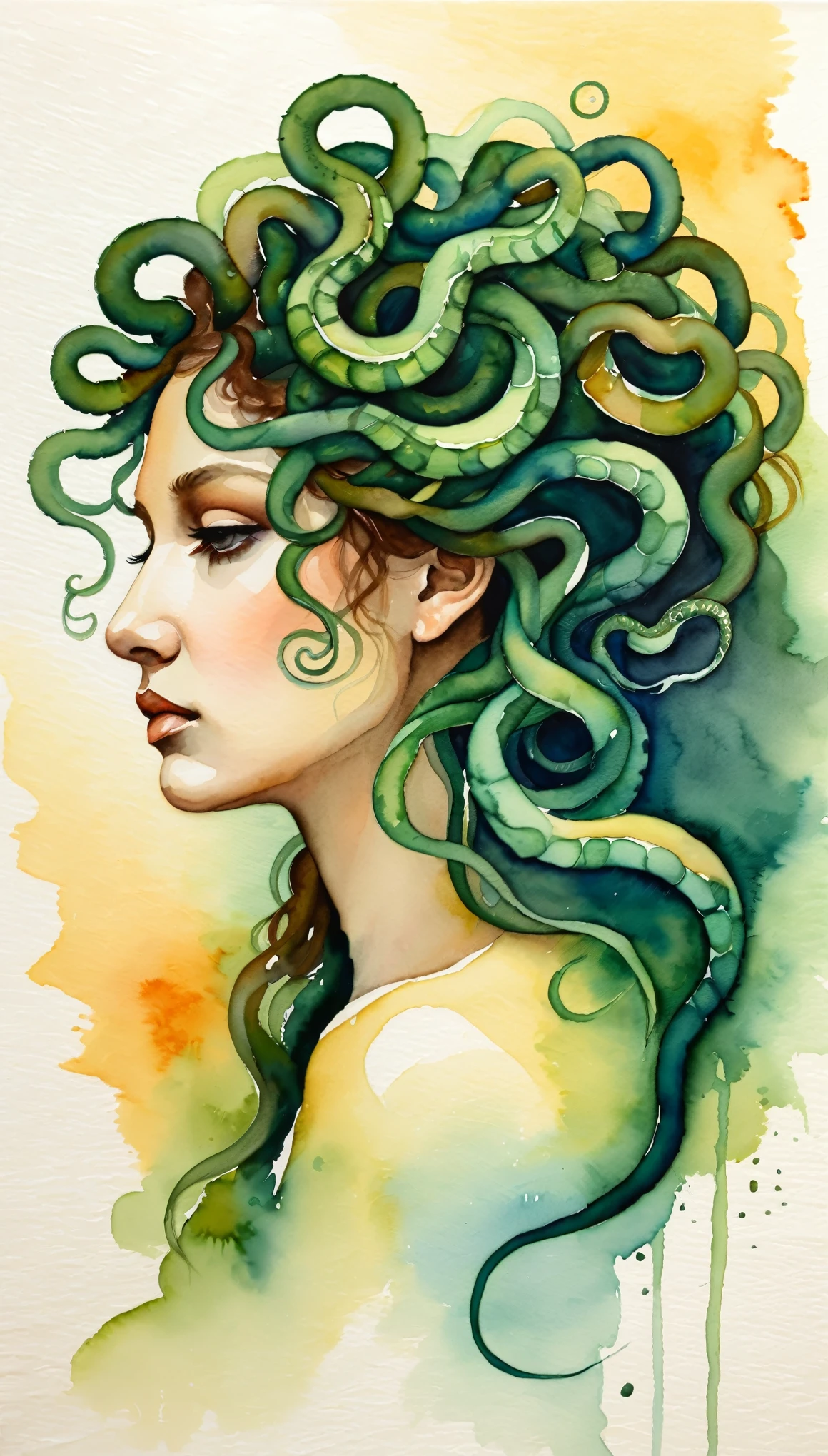 masterpiece,Acrylic watercolor painting of a sad medusa,profile,(Beautiful gradation created by layering),(Tarashikomi technique),A delicate touch