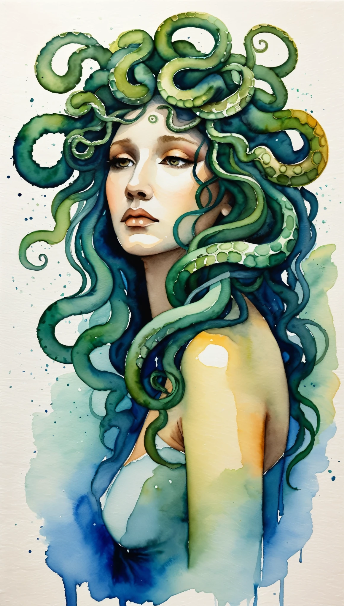 masterpiece,Acrylic watercolor painting of a sad medusa,profile,(Beautiful gradation created by layering),(Tarashikomi technique),A delicate touch