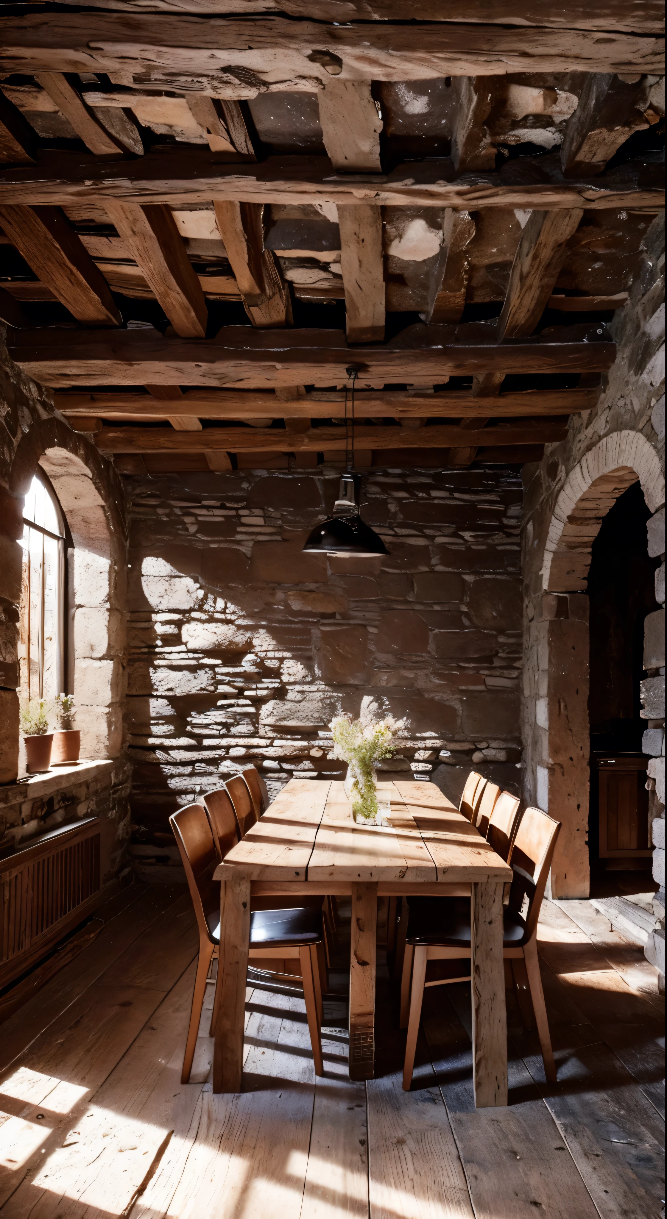 modelshoot style, (extremely detailed CG 8k wallpaper), in the center of the room a wide and long wooden table with food scraps, An old and wide room, with stone walls and little high, without ceiling, at the back of the room there are Roman stone arches in ruins open to a garden  