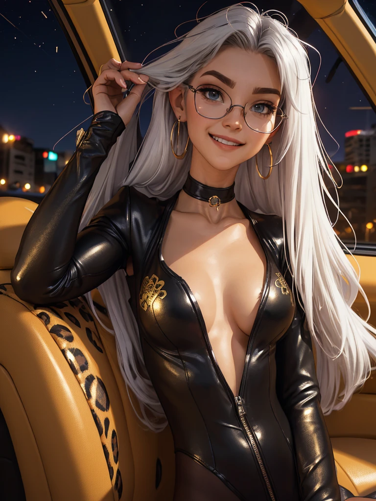 tmasterpiece，（tmasterpiece，top-quality，best qualityer），1girll， jewely，耳Nipple Ring，choker necklace，bangle， hoop earings， ， Long hair and long meat， Blonde hair，(Black color hair，Silvery-white hair，Maroon hair， solo， ssmile， looking at viewert， motorvehicle，The Car， Sports cars，groundvehicle， Sat down， exteriors， daysies， medium breasts，Open navel， ， floral patterns， grinning smile，collars，Laser cloth，(black leather bodysuit)， laser，holy rays，gold foil，Gold leaf art，glitter drawing，Correct anatomy，Detailed face, Detailed eyes，Chest exposed，(miami, night life), (abs), leopard print, glasses, labcoat