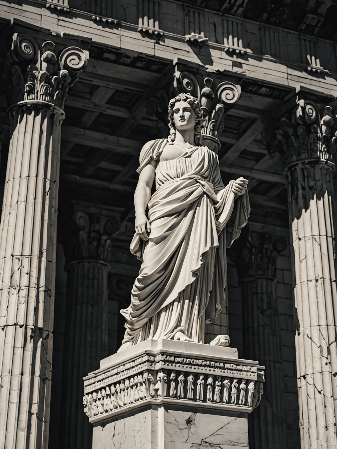 A magnificent statue，Represents the gods in Greek mythology，Standing tall amid the magnificence of ancient Greek temples。This black and white image highlights the timeless beauty and power of the statue and its surroundings.。The statue&#39;s face displays a powerful yet serene expression，Exuding a sacred aura。The scene is bathed in softness、In diffuse light，Subtle shadows add depth。The composition emphasizes the statue&#39;s majestic figure and fine details，And the magnificent architecture of the temple behind。Wide-angle lenses capture the full scope of a scene，Shows the scale and grandeur of the statues and temples。Contrasting black and white tones、The dramatic light and in-depth detail in the images inspire awe in the viewer，Bringing them back to the era of ancient myths and architecture。