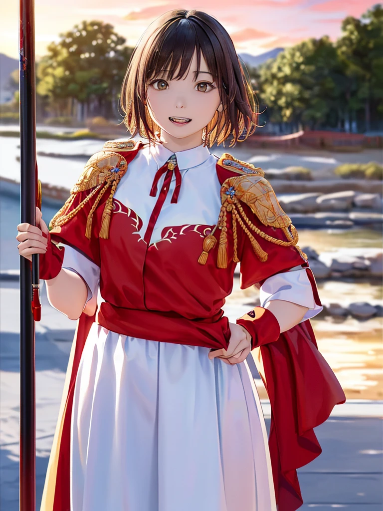 (Highest quality、8k、32K、masterpiece)、(Realistic)、(Realistic:1.2)、(High resolution)、Very detailed、とても美Funny faceと目、(((Women's Solo Shot)))、Tight waist、(Highest quality、Attention to detail、Rich skin detail)、(Highest quality、8k、Oil paints:1.2)、(Realistic、Realistic:1.37)、Bright colors、(((Cowboy Shot)))、(((Brand Hair)))、(((short hair)))、(((He has a good looking face.)))、((Rin々Funny face))、(((Sunset sky)))、(((The flag is stuck in the ground)))、(((Standing in the wilderness)))、(((Teeth are visible)))、(((Wearing red armor)))、(((Red and yellow flag)))