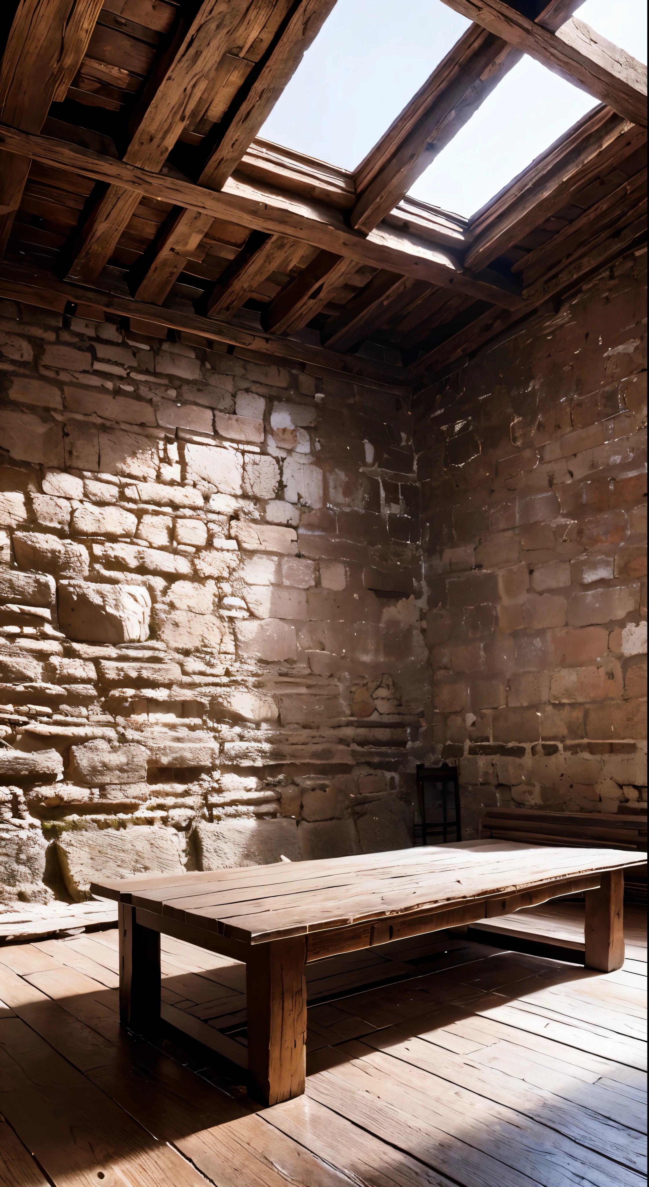 Model Chute Style、(Highly detailed CG 8k wallpaper)、A wide, long wooden table in the center of the room、Old and spacious room、Stone walls and a little high、Stone ceiling、At the back of the room is a ruined Roman stone arch that opens onto the gardens.