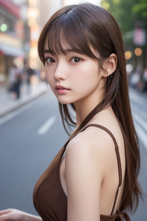 ２０歳の日本人一人のgirl、(beautiful girl、華奢なgirl:1.3)、(15 years old:1.3)、break、Browsing Caution、(Side cut dress:1.3)、(Show nudity、Side bust:1.3)、break、Very detailed定義、(Symmetrical eyes:1.3)、break、(Street view:1.3)、(Upper Body)、break、Small breasts、Brown eyes、Parted bangs、Brown Hair、girl、break、(Eyes and Face)with detail:1.0)、break、(masterpiece、Highest quality、Very detailed、Detailed face、8k), Facing forward