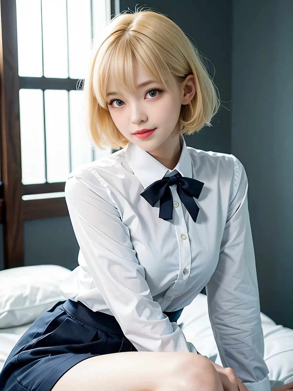 Highest quality、Figures、iPhone,Taking a selfie with a black smartphone、One people、((bionde))、Cute Girls、sexly、Slender、Navy blue tie、White shirt、Navy blue exy very detailed、Fine details、Slim Body、Slender、Japanese Girls2people、High resolution、8k、wallpaper、Perfect dynamic composition、Beautiful fine details、Short Bob Hair、Big natural color lip、大胆なsexlyポーズ、smile、Cold Stare、18 year old girl、Cute、Lolita、Good eyesight、whole body、Light blue wall、smile、
