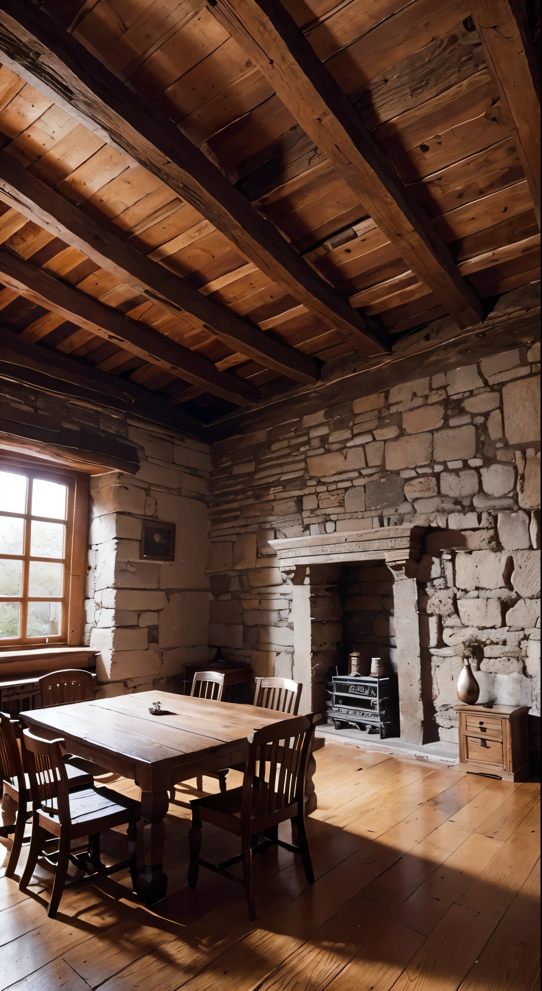 Model Chute Style、(Highly detailed CG 8k wallpaper)、A wide, long wooden table in the center of the room、Old and spacious room、Stone walls and a little high、Stone ceiling、At the back of the room is a ruined Roman stone arch that opens onto the gardens.
