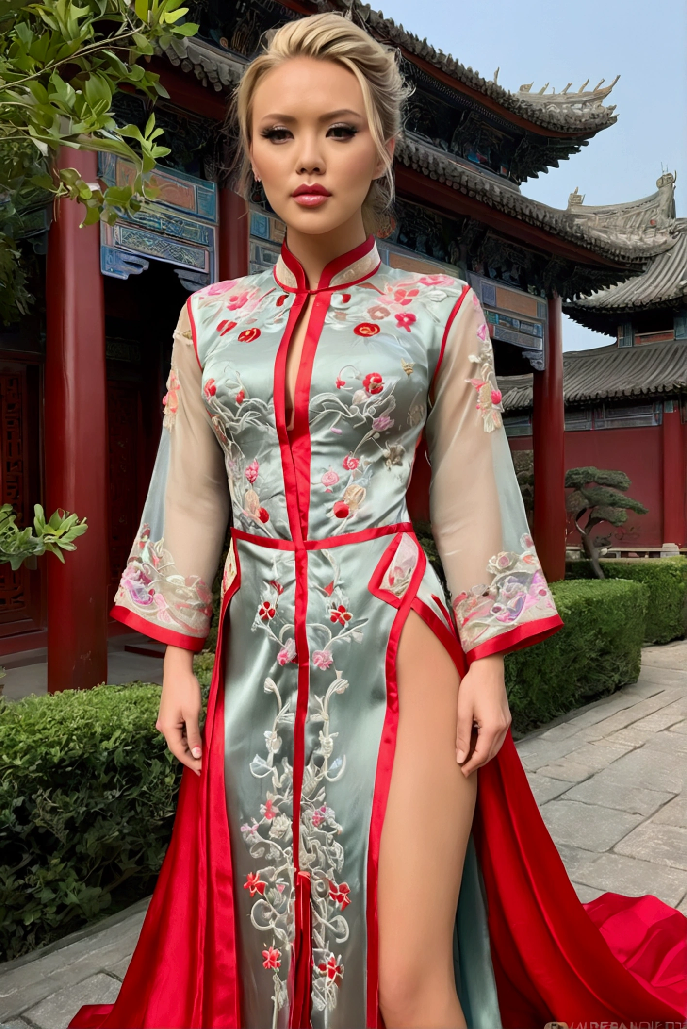 1 woman (Scarlett Johannsson, age 25, intricate silk Chinese dress with lots of embroidery sheer with several large slits, no underwear, traditional hairstyle and Chinese makeup) wandering through a palace garden