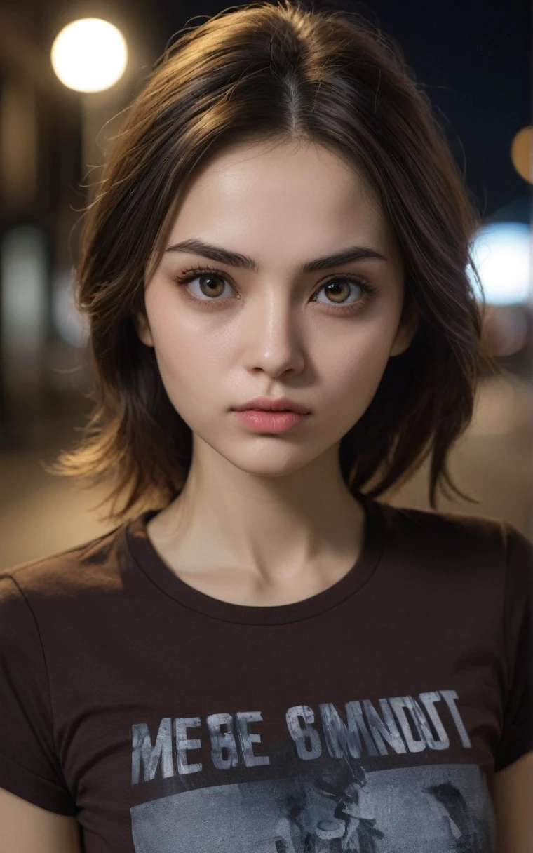 (Best quality, a high resolution, masterpiece :1.3), beautiful woman, A slim body, dark brown hair, T-shirt, (Street in the city at night), Highly detailed face and skin texture, detailed eyes, double eyelid