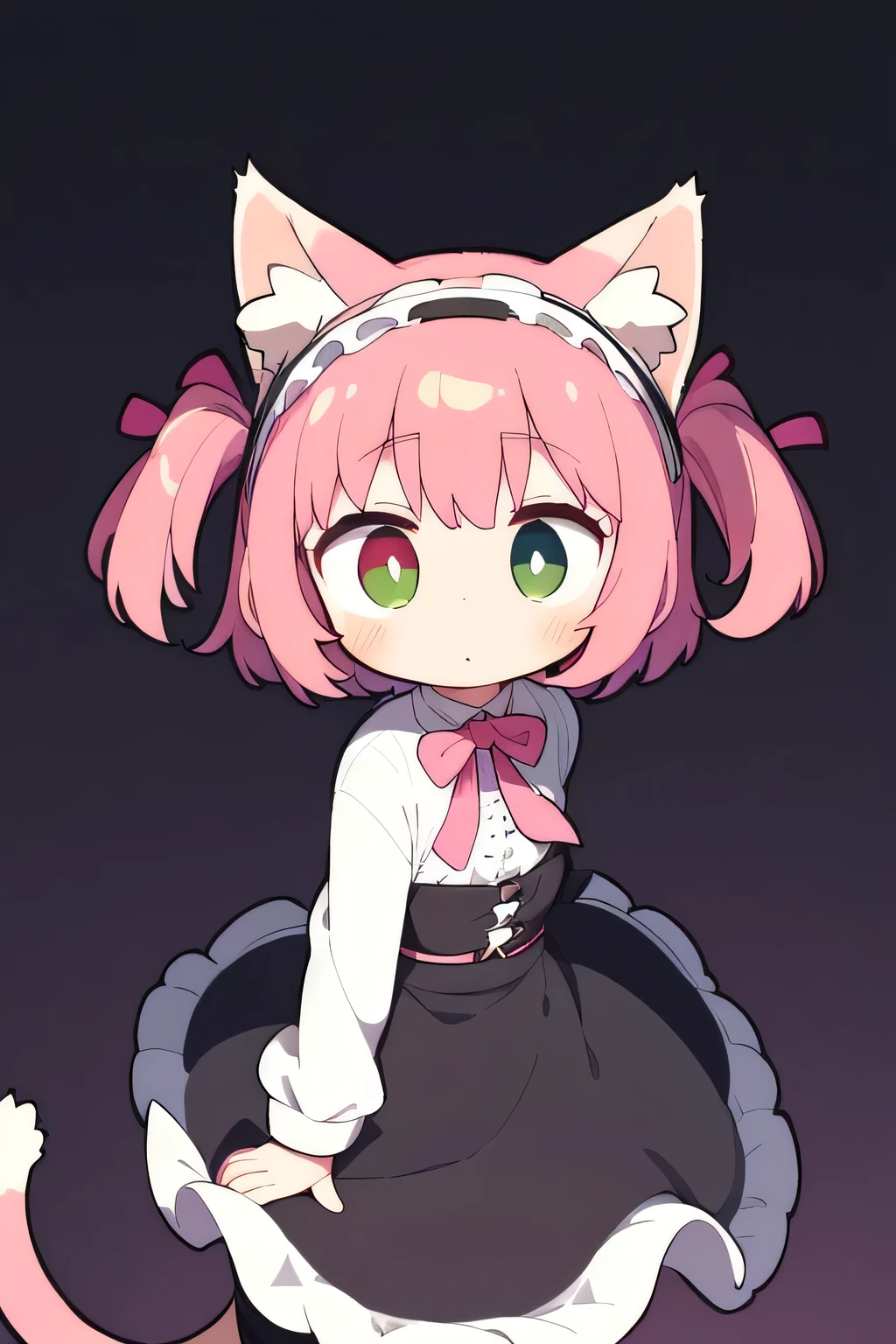 pink hair, short hair, green eyes, animal ears, fake animal ears, cat ears, hairband, dress, striped, night background,Annie Hastur, Smol, Cat Ears Headband,