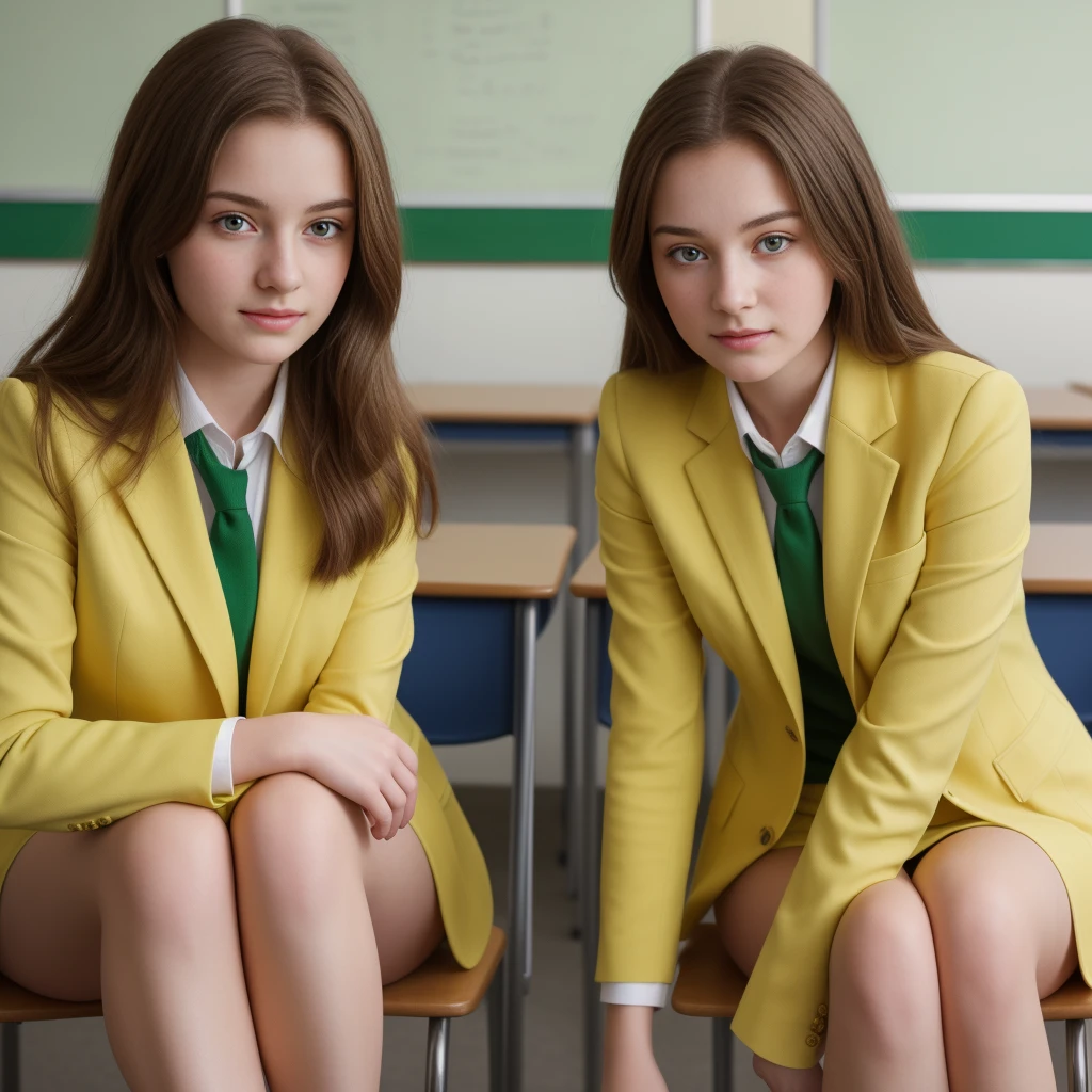 (((close up high definition))), two very calm beautiful teen aged pale school girls, wearing yellow green blazer, sitting a class room environment, beautiful.