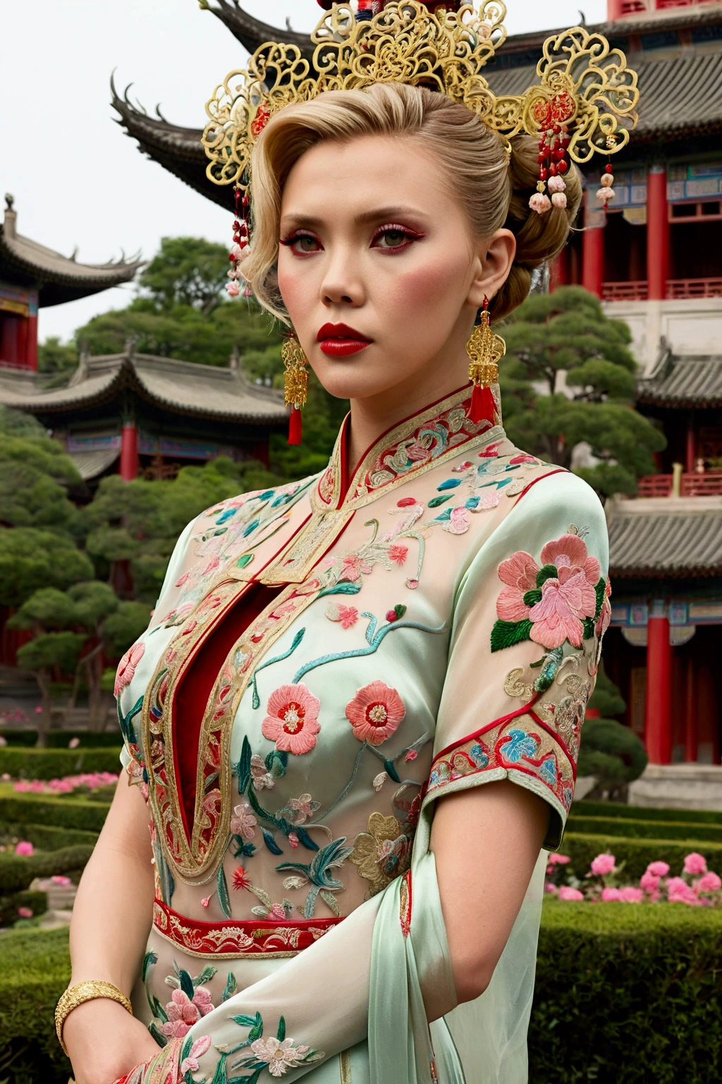 1 woman (Scarlett Johannsson, age 25, intricate silk Chinese dress with lots of embroidery sheer with several large slits, no underwear, traditional hairstyle and Chinese makeup) wandering through a palace garden
