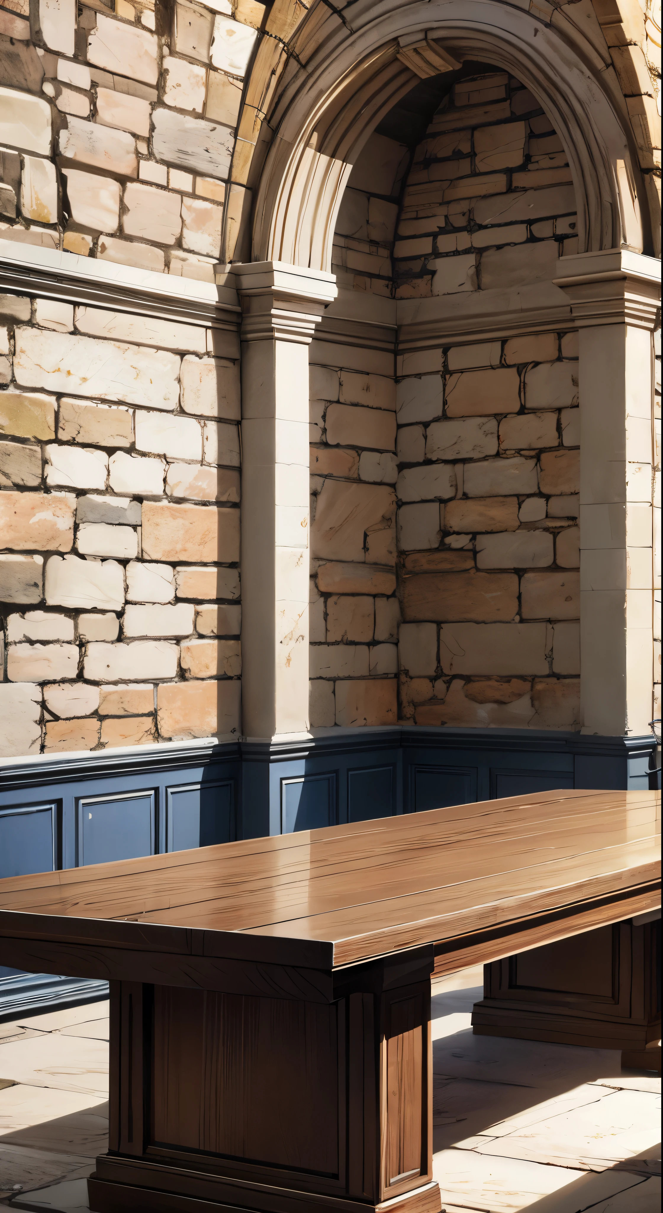 Model Chute Style、(Highly detailed CG 8k wallpaper)、A wide, long wooden table in the center of the room、large room、Stone walls and a little high、Stone ceiling、At the back of the room is a ruined Roman stone arch that opens onto the gardens.