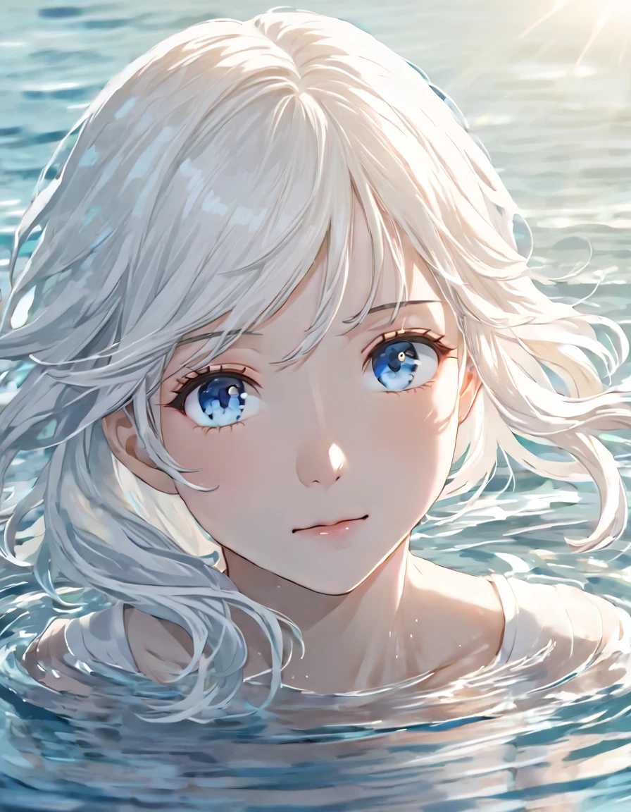 Anime style female character in water, (Long white hair:1.2), (Gentle expression:1.1), Blue colored eyes, White top, (Water ripple effect around the body:1.3), Sunlight reflecting off the surface of the water, sunny, subtle water splash, High Resolution Digital Art, Soft color palette, Peaceful atmosphere, (Calm sea background:1.1), Realistic water texture
