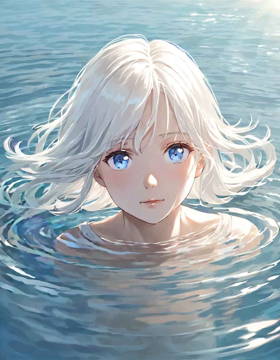 Anime style female character in water, (Long white hair:1.2), (Gentle expression:1.1), Blue colored eyes, White top, (Water ripple effect around the body:1.3), Sunlight reflecting off the surface of the water, sunny, subtle water splash, High Resolution Digital Art, Soft color palette, Peaceful atmosphere, (Calm sea background:1.1), Realistic water texture
