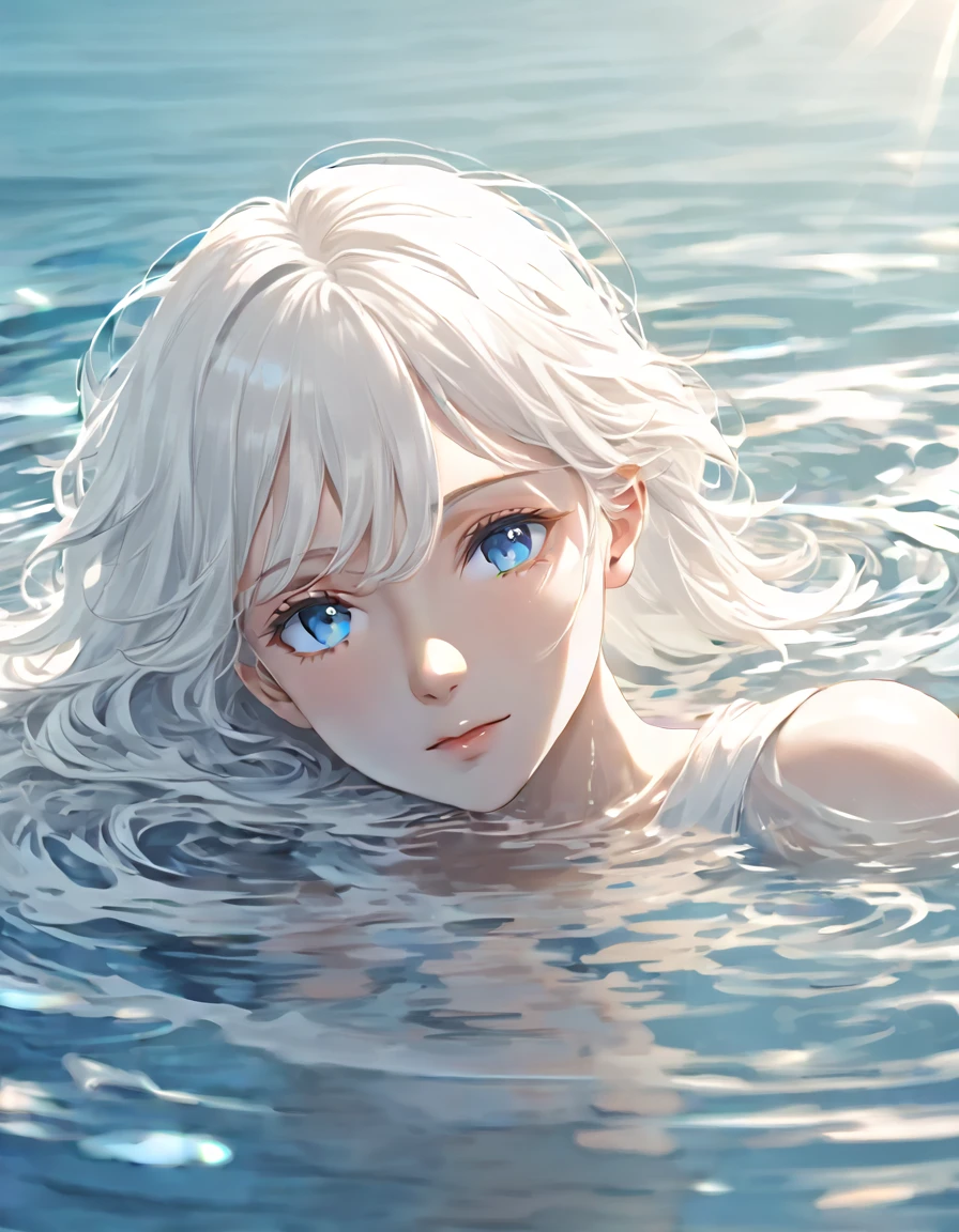 Anime style female character in water, (Long white hair:1.2), (Gentle expression:1.1), Blue colored eyes, White top, (Water ripple effect around the body:1.3), Sunlight reflecting off the surface of the water, sunny, subtle water splash, High Resolution Digital Art, Soft color palette, Peaceful atmosphere, (Calm sea background:1.1), Realistic water texture
