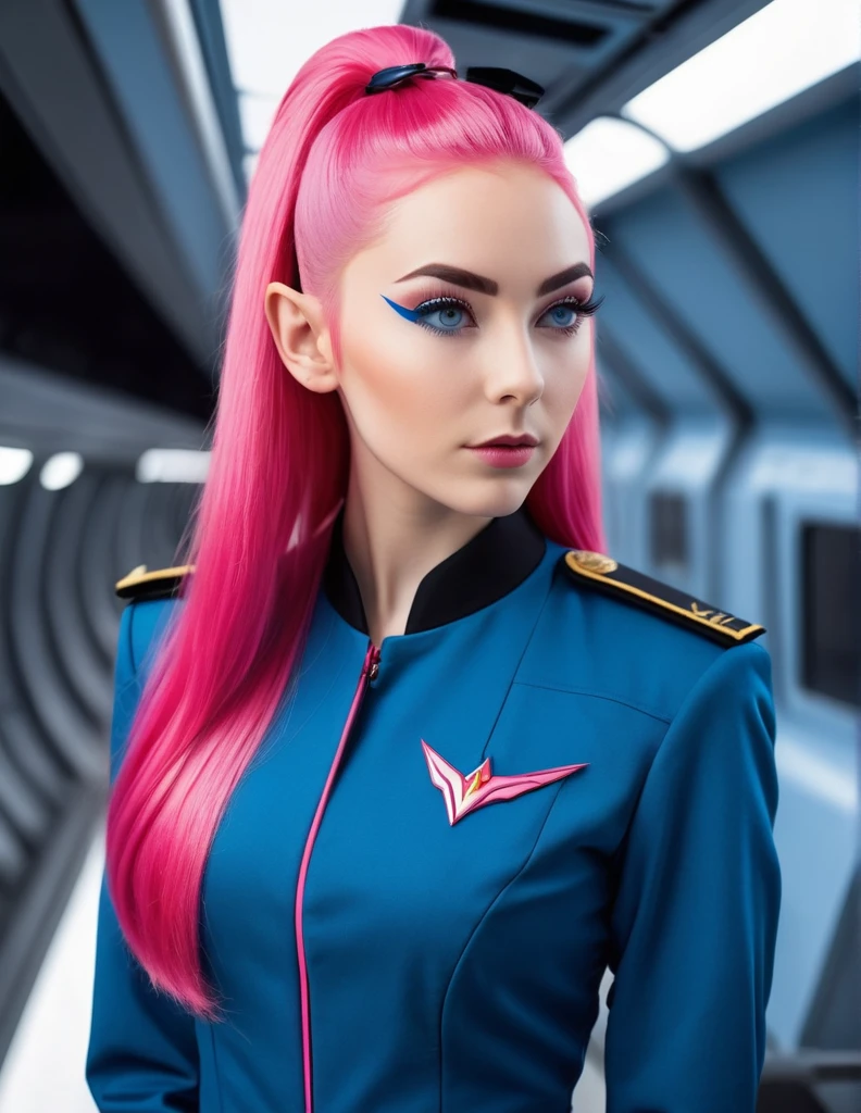 very attractive 25 year old very attractive girl with long bright pink hair, (straight thin pointed eyebrows:1.4), (vulcan pointed ears). wearing (blue stsnwunf uniform:1.4), starship bridge. .