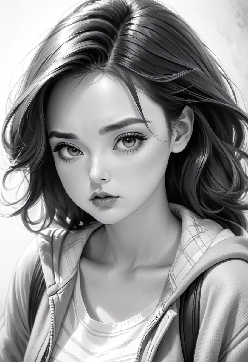 monochrome, pencil sketch art, diagonal top view, cute woman with pouting face, puffy cheeks, so cute, loose clothing,  (ultra detailed, absolutely resolution, best quality:1.3), 2.5D, delicate and dynamic, shading effects, hyper realistic