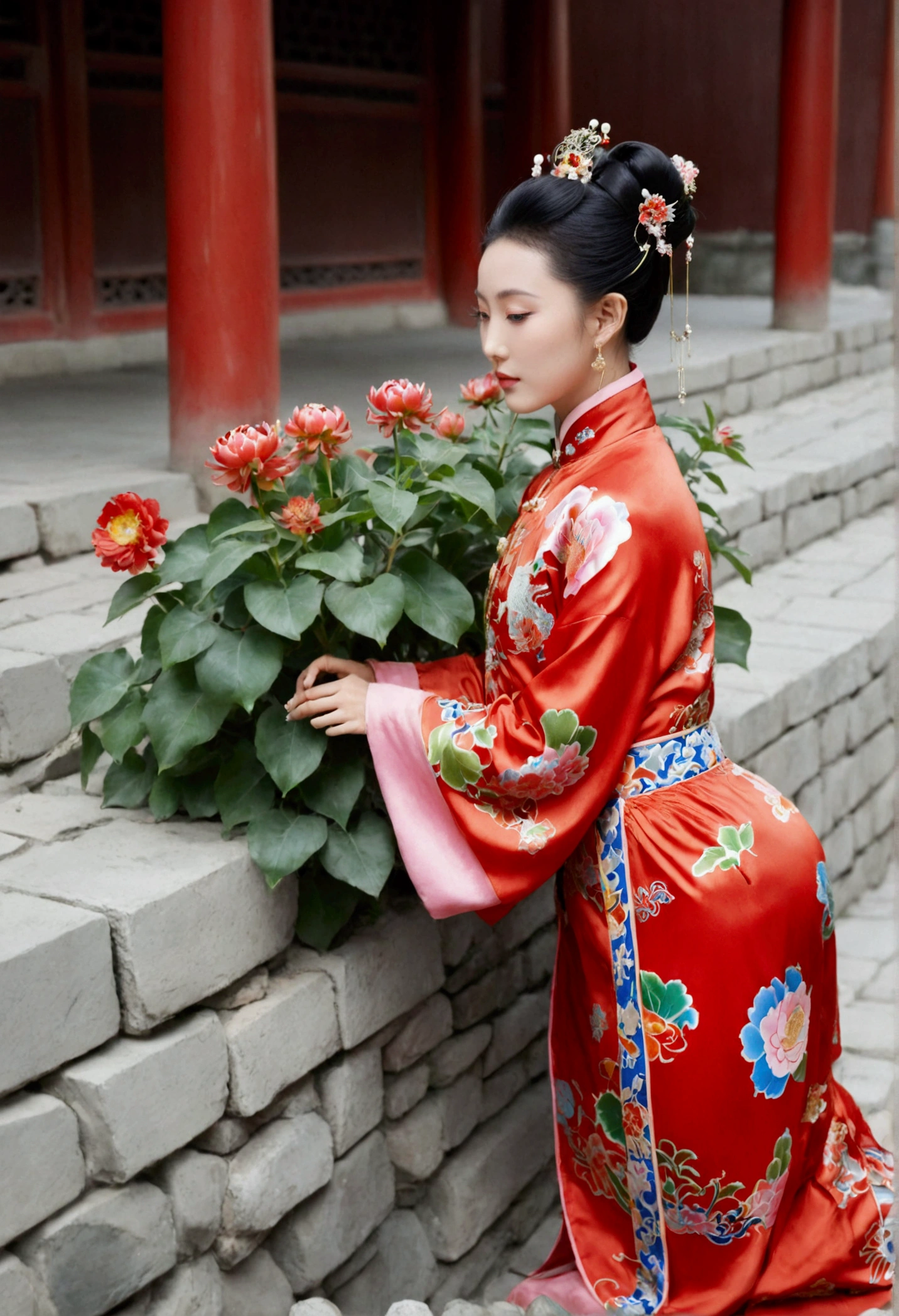 A photo showing a profile from under her buttocks On the cobblestones outside the Qing Dynasty palace、Empress Qing Dynasty、A nude model wearing a red Manchu outfit with a flashy floral pattern, decorated with large, flashy flowers and a hairpin, her hair tied up and pulled up, crawling on all fours and showing only her bare buttocks, with her profile visible.、