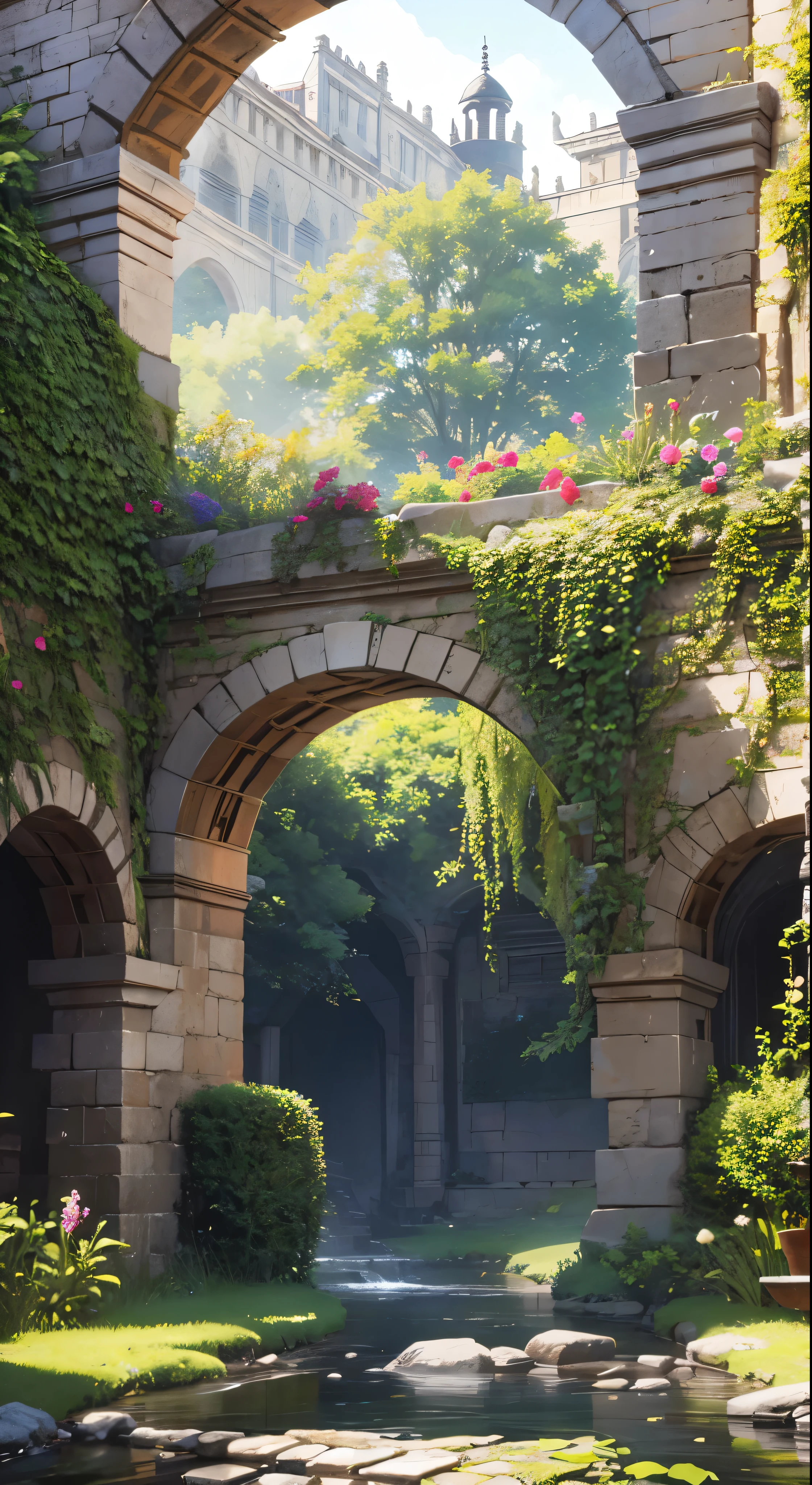 Model Chute Style、(Highly detailed CG 8k wallpaper)、A wide, long wooden table in the center of the room、large room、Stone walls and a little high、Stone ceiling、At the back of the room is a ruined Roman stone arch that opens onto the gardens.