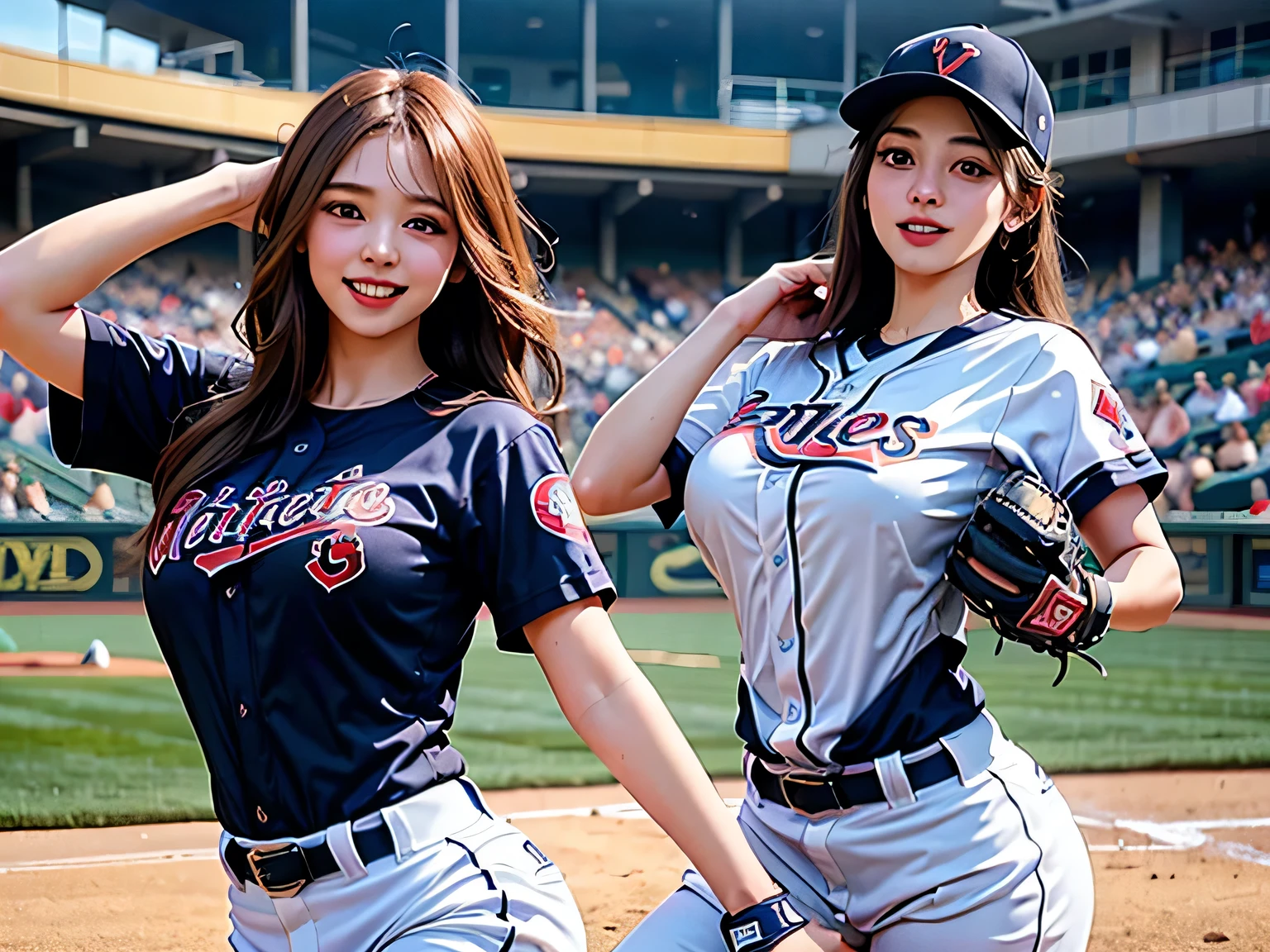 group_mf, 
a young and beautiful female baseball player wearing a baseball uniform playing a female baseball game in a stadium, dynamic plays, hourglass figure, huge breasts, confident smile, (best quality, 4k, 8k, highres, masterpiece:1.2), ultra-detailed,(realistic, photorealistic, photo-realistic:1.37), beautiful detailed eyes, beautiful detailed lips, extremely detailed eyes and face, longeyelashes, 3girl, baseball, stadium, dynamic action, hourglass figure, huge breasts, confident smile, warm lighting, vibrant colors, (Dynamic batting and pitching:1.3)