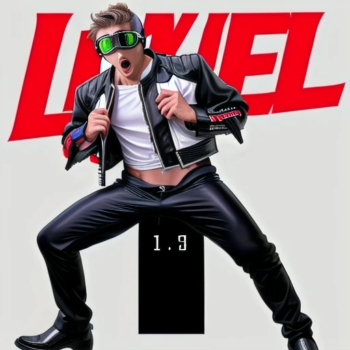 Big , superheroine, full body, slutty beauty, open mouth, frustrated, age delinquent, leather jacket, cyber goggles, cyber suit, cool handsome young man, groin touched
